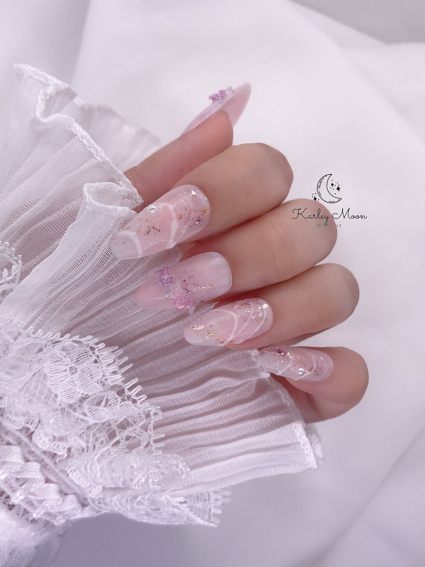 Light Pink Glitter Crystal Stones Press on Nails Hand Painted Nails - KarleyMoonNail
