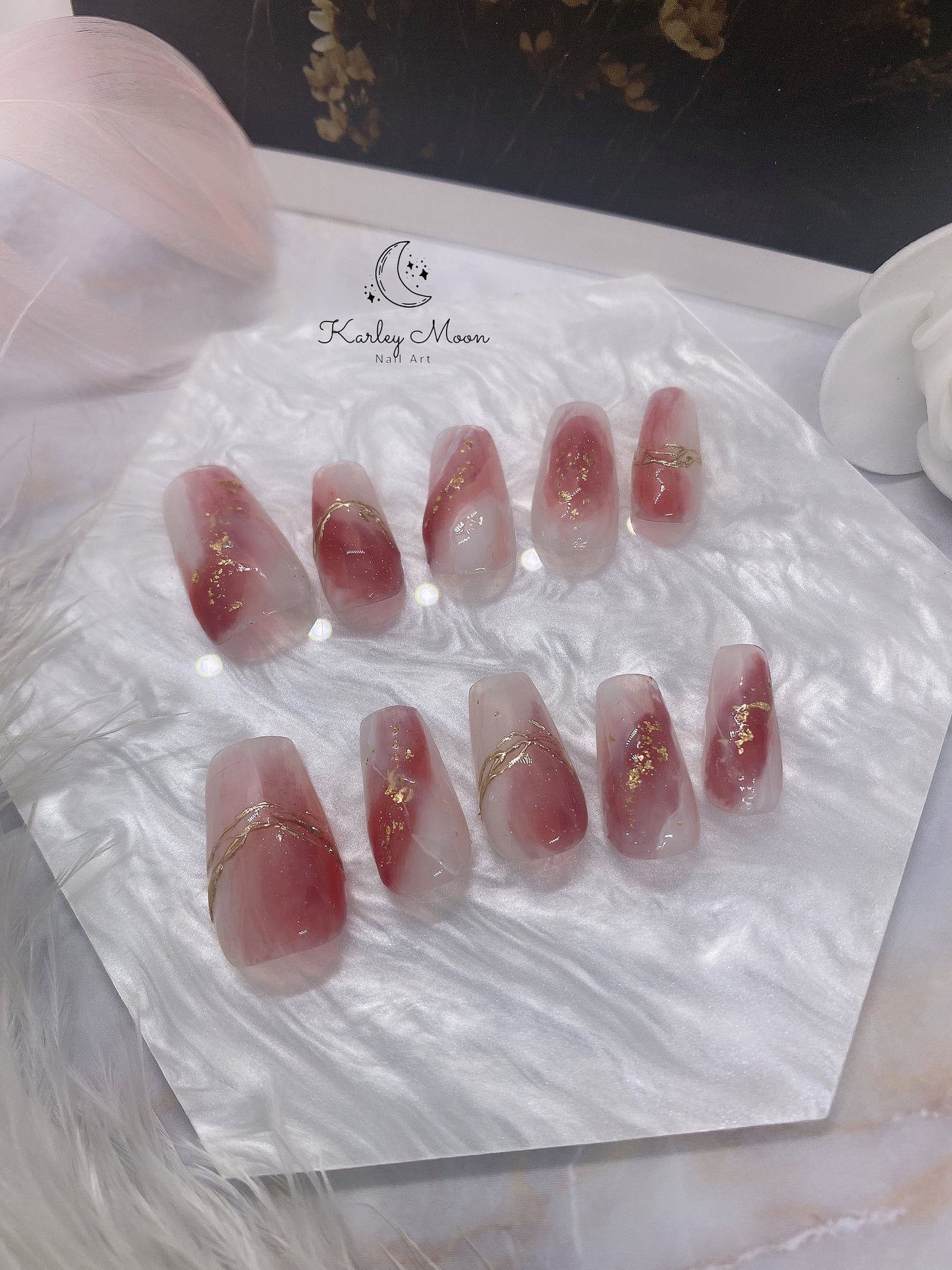Elegant Watercolor Red Golden Glitter Press On Nails Watercolor Nails - KarleyMoonNail