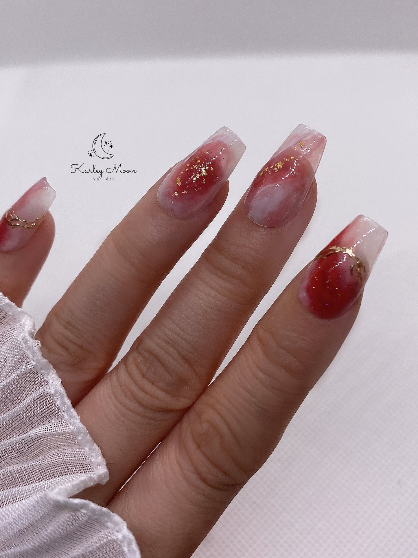 Elegant Watercolor Red Golden Glitter Press On Nails Watercolor Nails - KarleyMoonNail