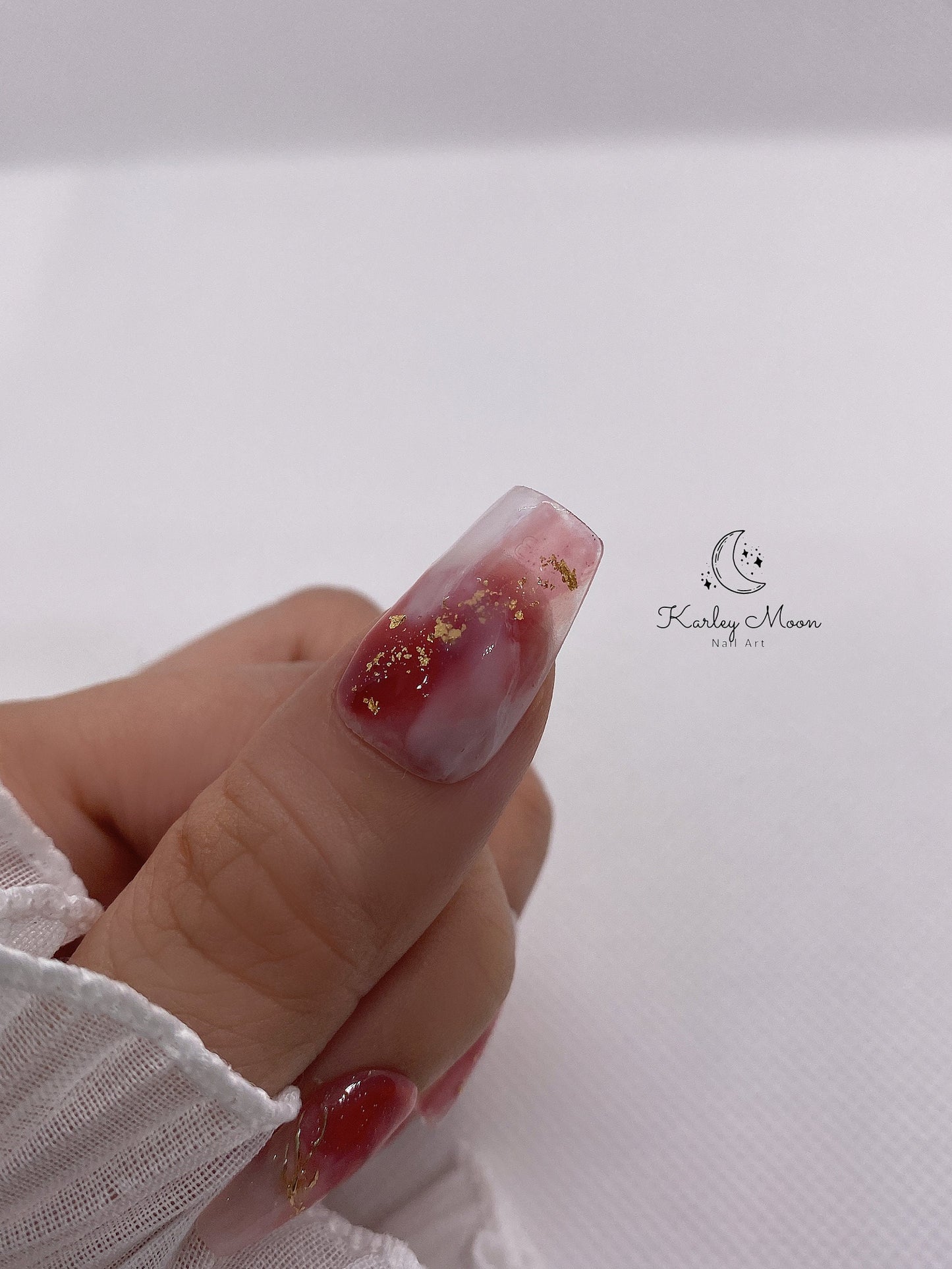 Elegant Watercolor Red Golden Glitter Press On Nails Watercolor Nails - KarleyMoonNail