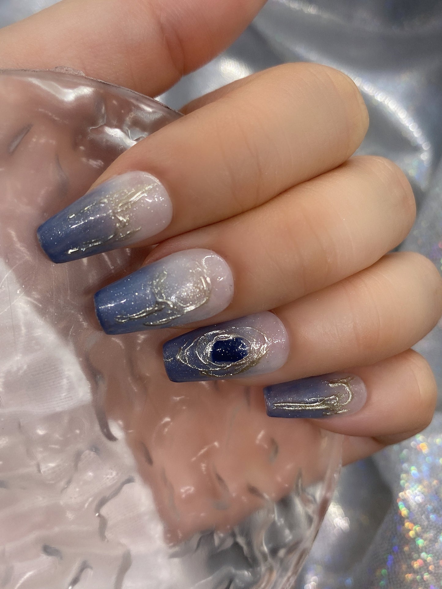 Summer Nails Watercolor Blue Galaxy Glitter Stone Press On Nails - KarleyMoonNail