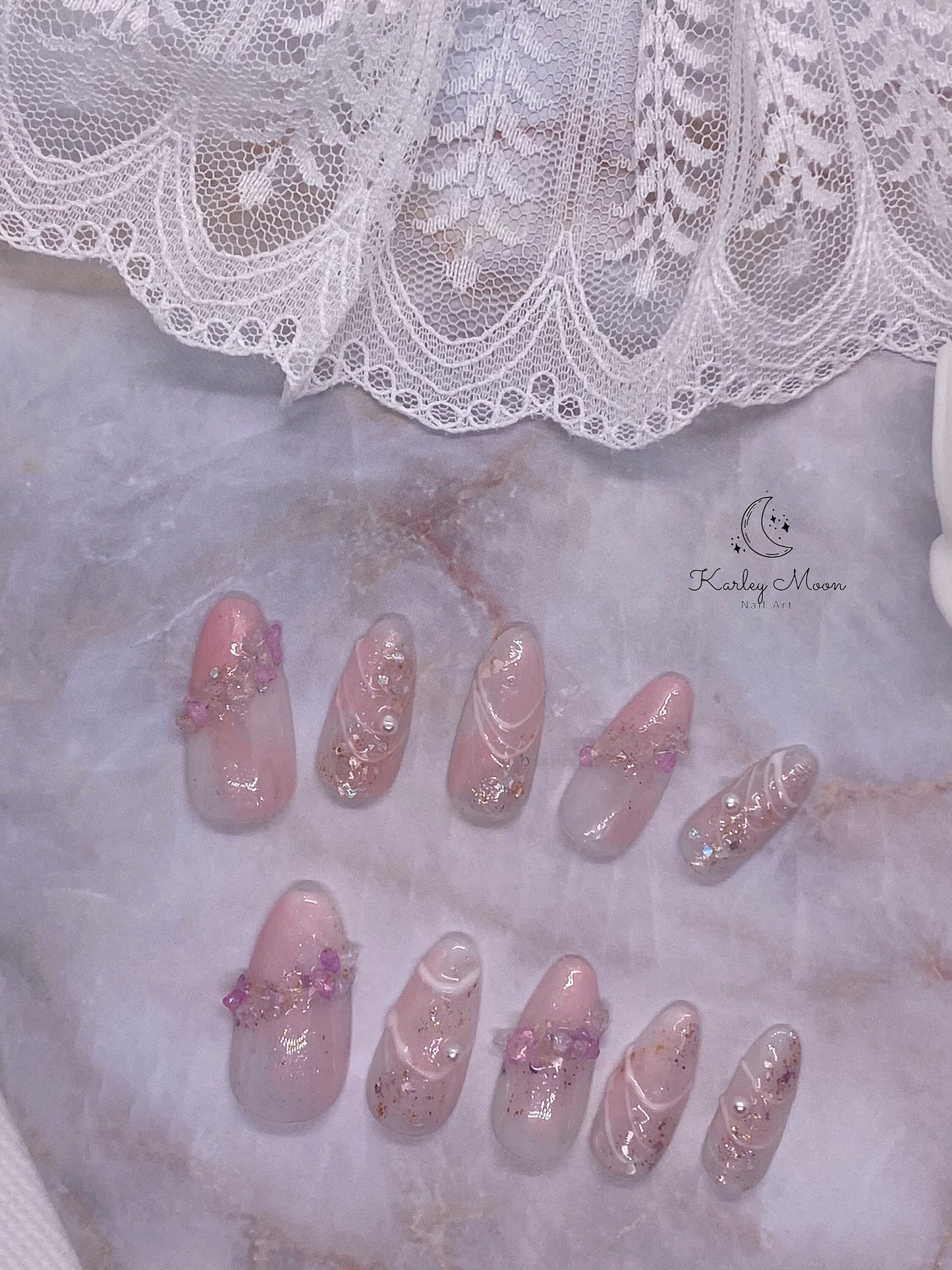 Light Pink Glitter Crystal Stones Press on Nails Hand Painted Nails - KarleyMoonNail