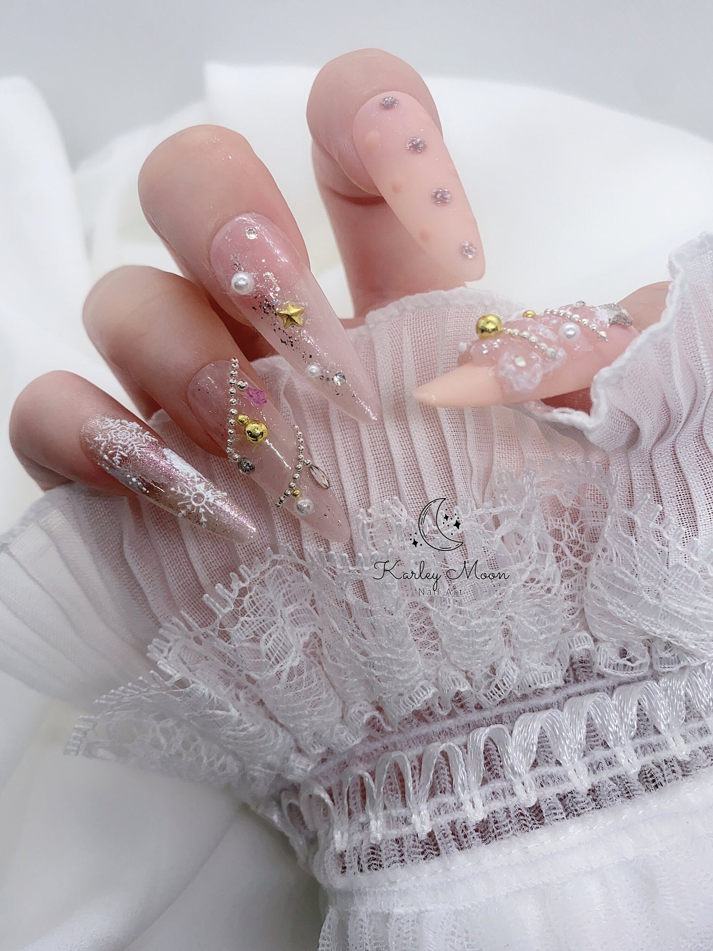 Elegant Christmas Snowflake Pink Glitter Winter Press On Nails - KarleyMoonNail