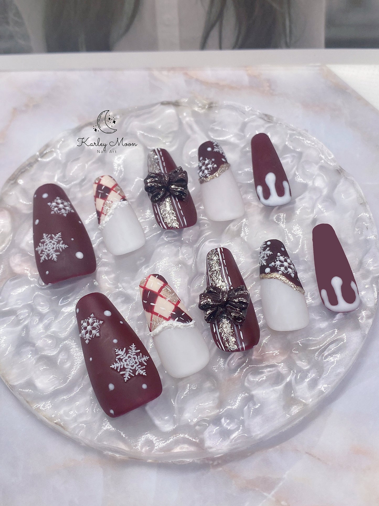 Holiday Christmas Snow Red Glitter Winter Press On Nails - KarleyMoonNail