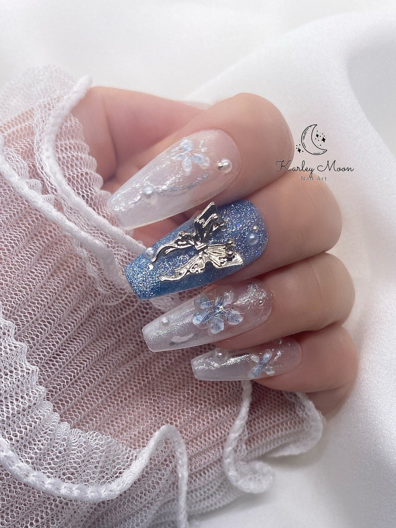 Ocean Blue 3D Butterfly Flower Glitter Press On Nails - KarleyMoonNail