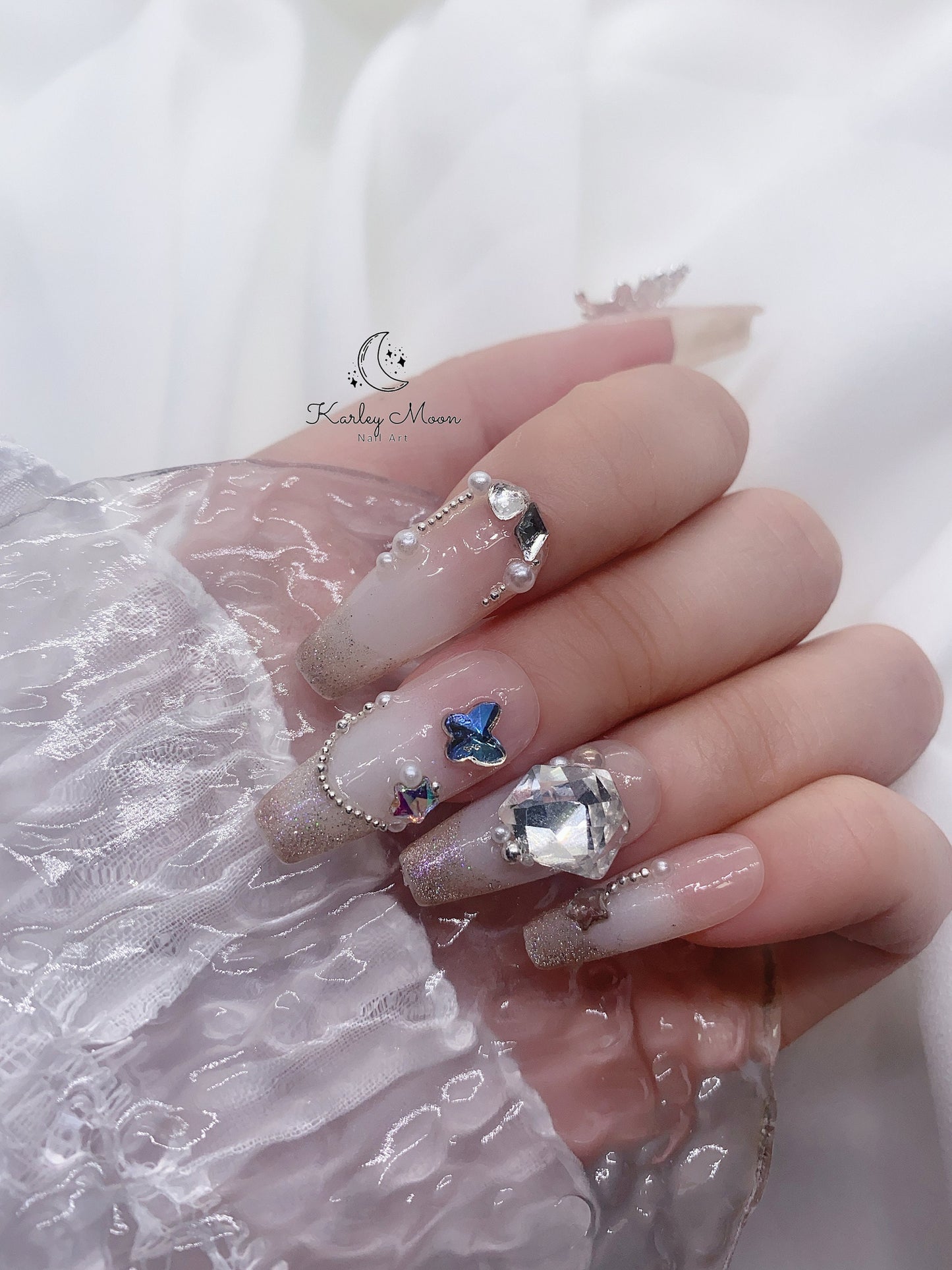 Elegant Nude Pink Butterfly Glitter Rhinestone Crystal Press On Nails - KarleyMoonNail