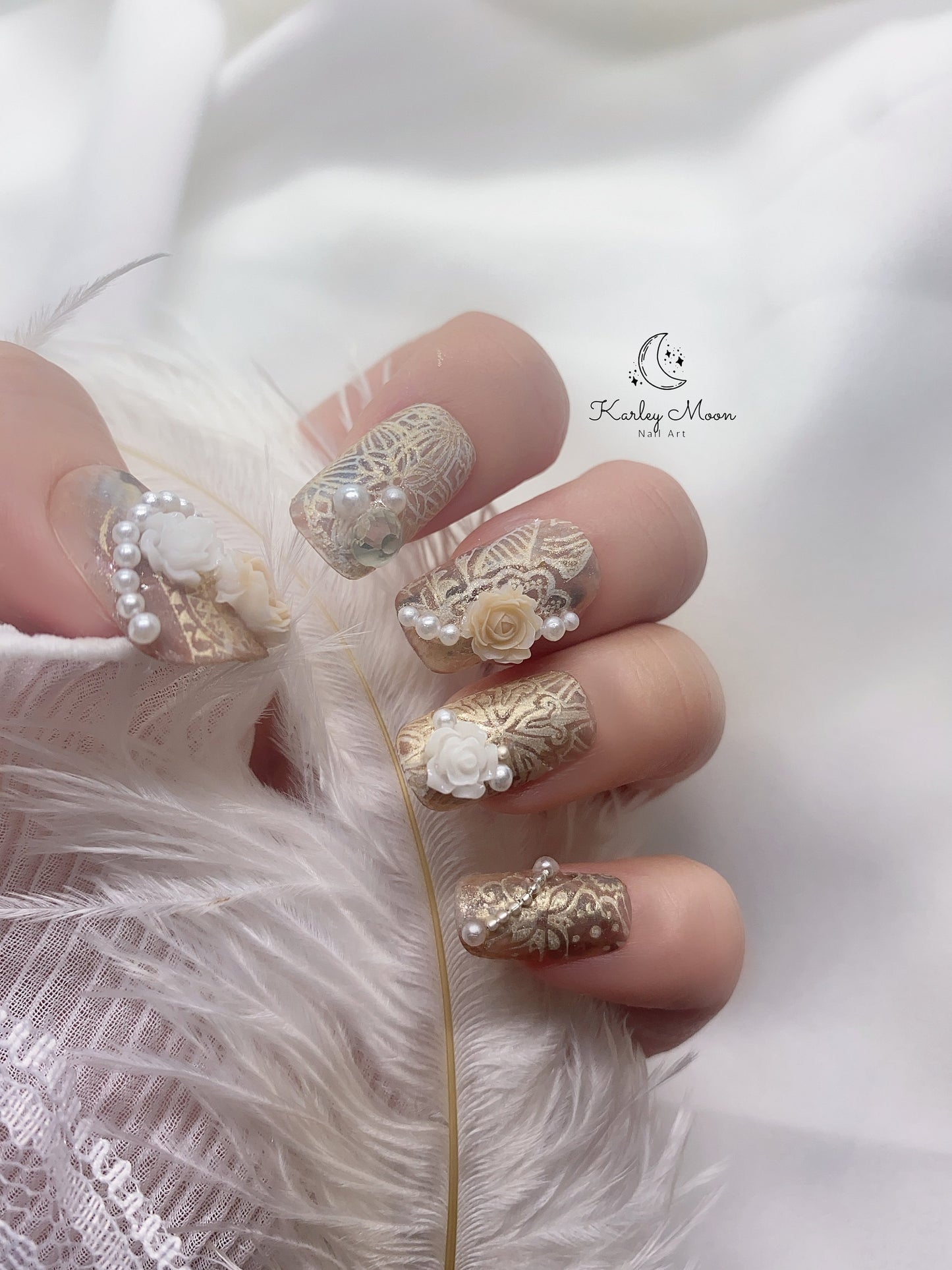 Classic Golden Brown Flower Pearl Vintage Press On Nails - KarleyMoonNail