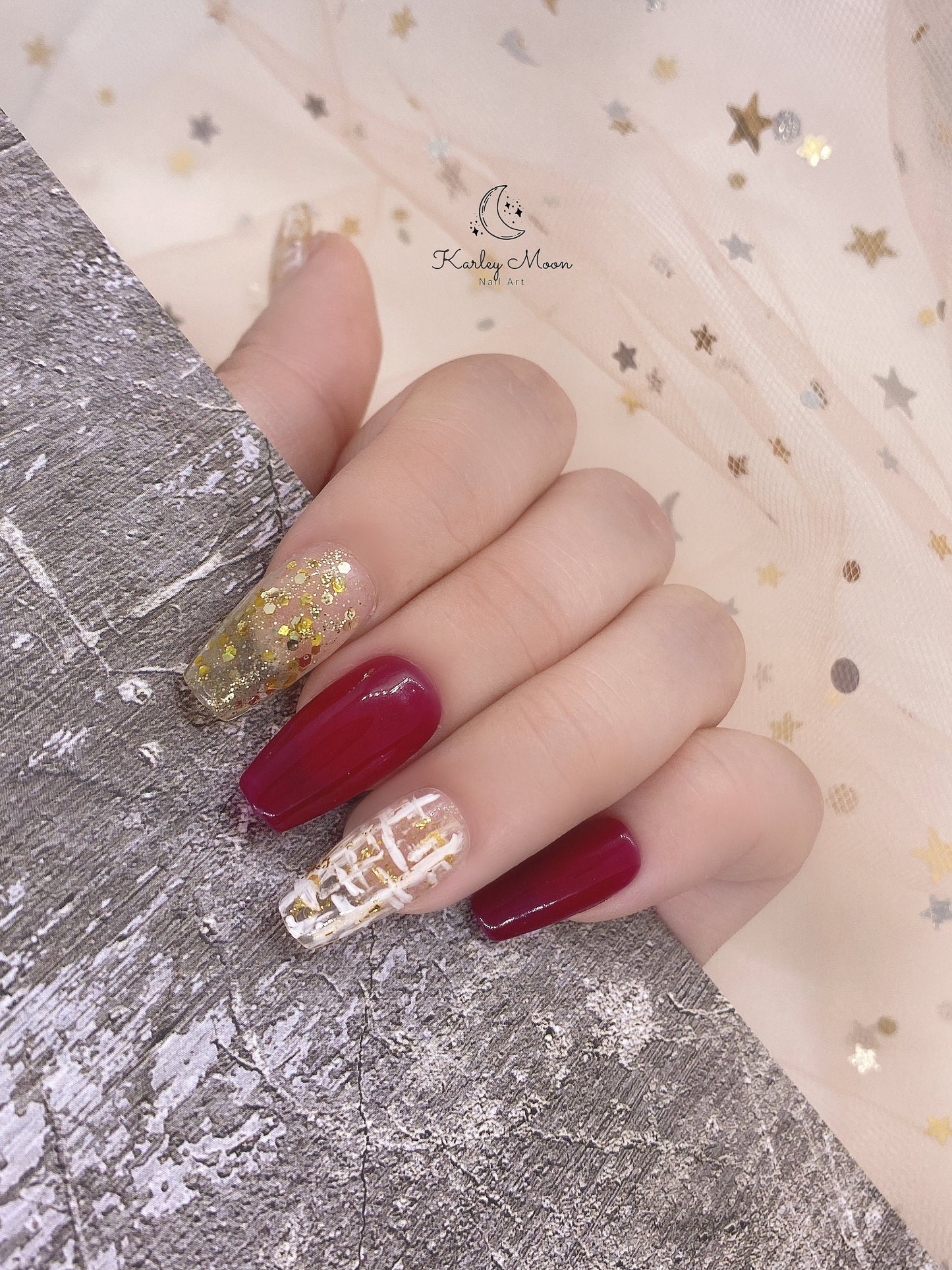 Elegant Red Shining Gold Glitter Press On Nails - KarleyMoonNail