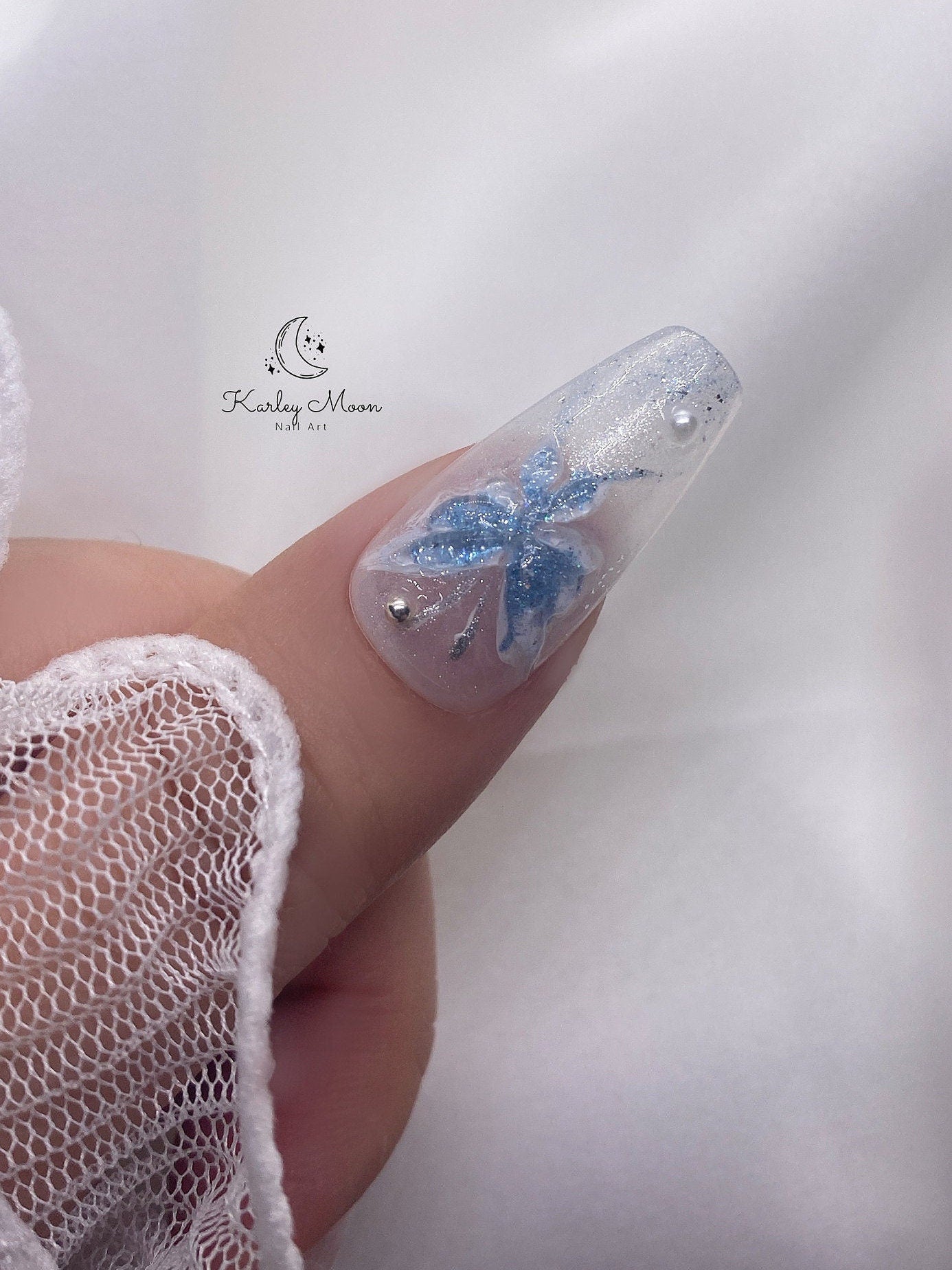 Ocean Blue 3D Butterfly Flower Glitter Press On Nails - KarleyMoonNail
