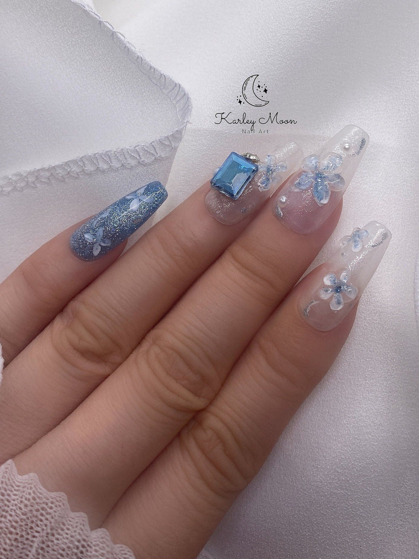 Ocean Blue 3D Butterfly Flower Glitter Press On Nails - KarleyMoonNail