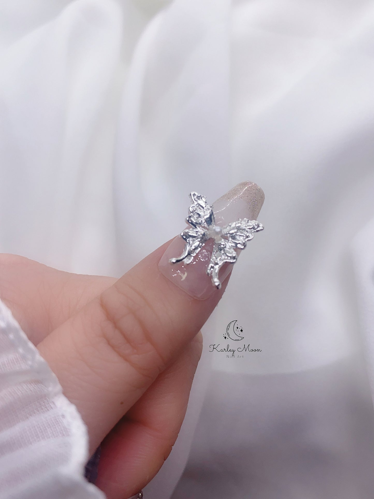 Elegant Nude Pink Butterfly Glitter Rhinestone Crystal Press On Nails - KarleyMoonNail