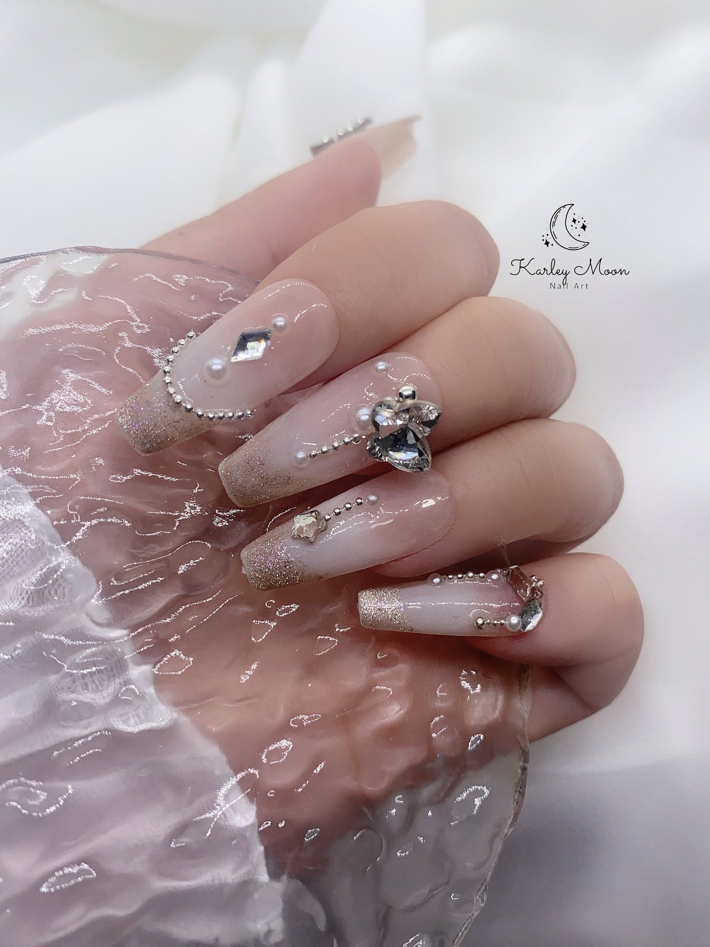 Elegant Nude Pink Butterfly Glitter Rhinestone Crystal Press On Nails - KarleyMoonNail