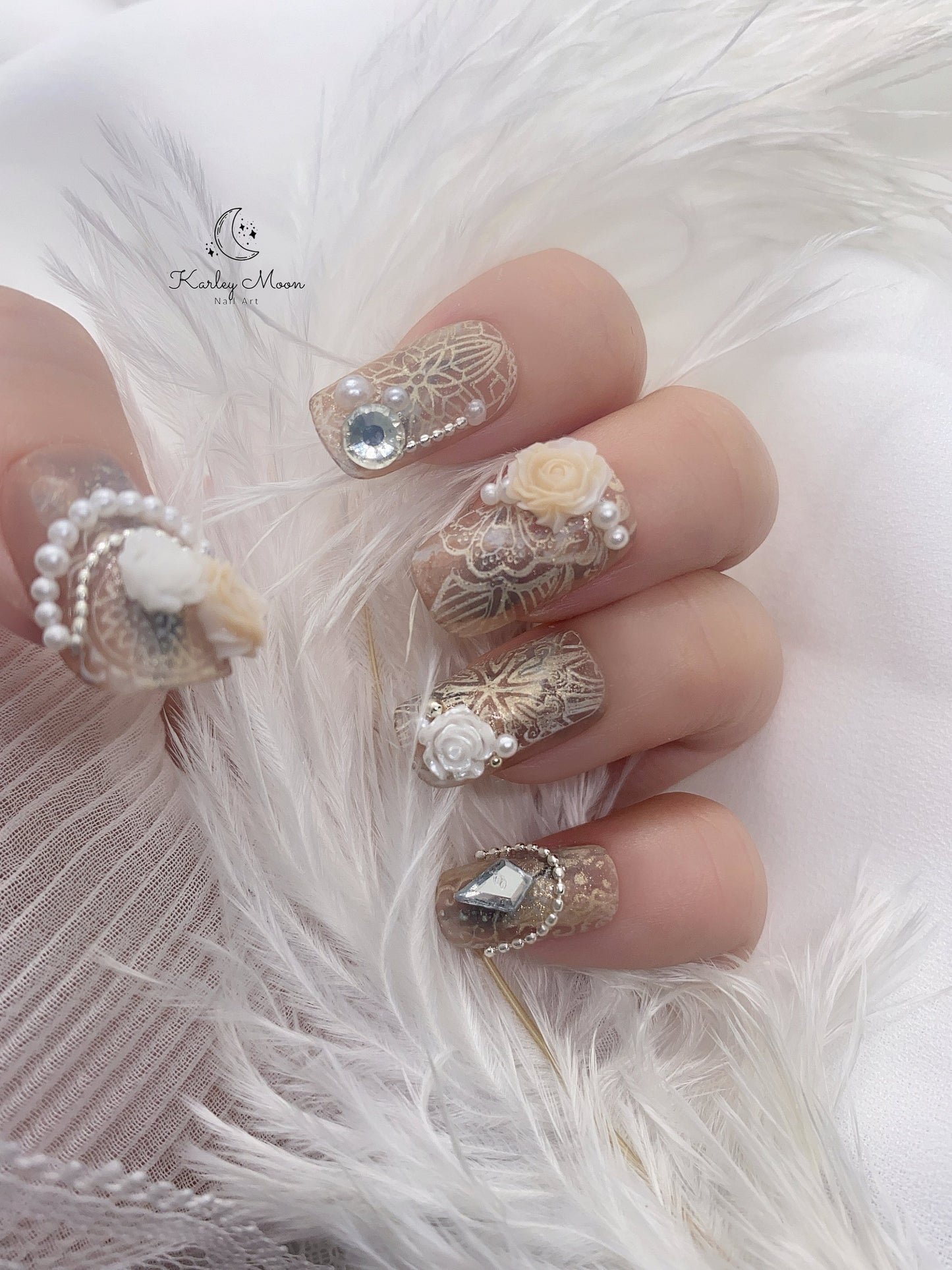 Classic Golden Brown Flower Pearl Vintage Press On Nails - KarleyMoonNail