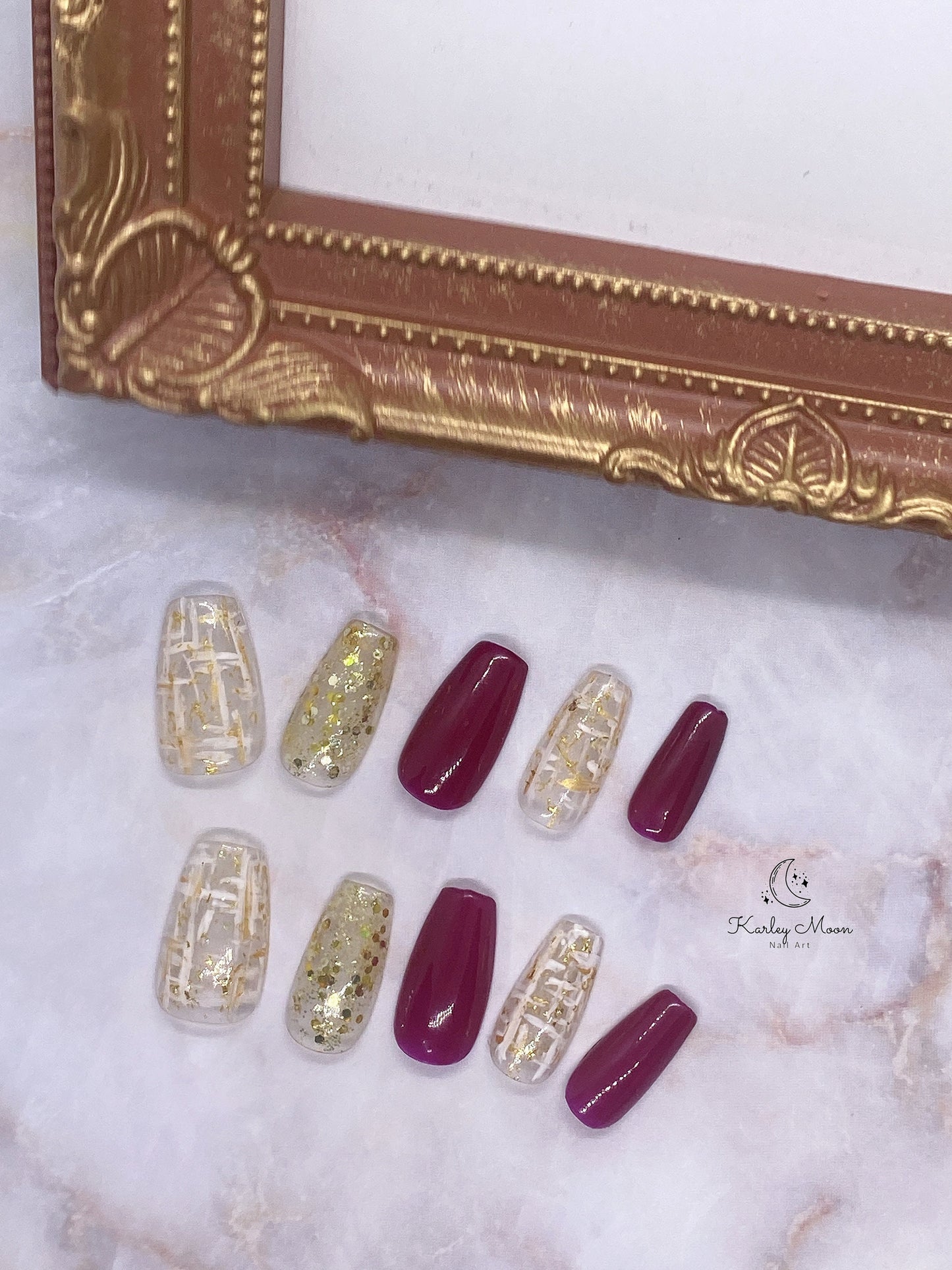 Elegant Red Shining Gold Glitter Press On Nails - KarleyMoonNail