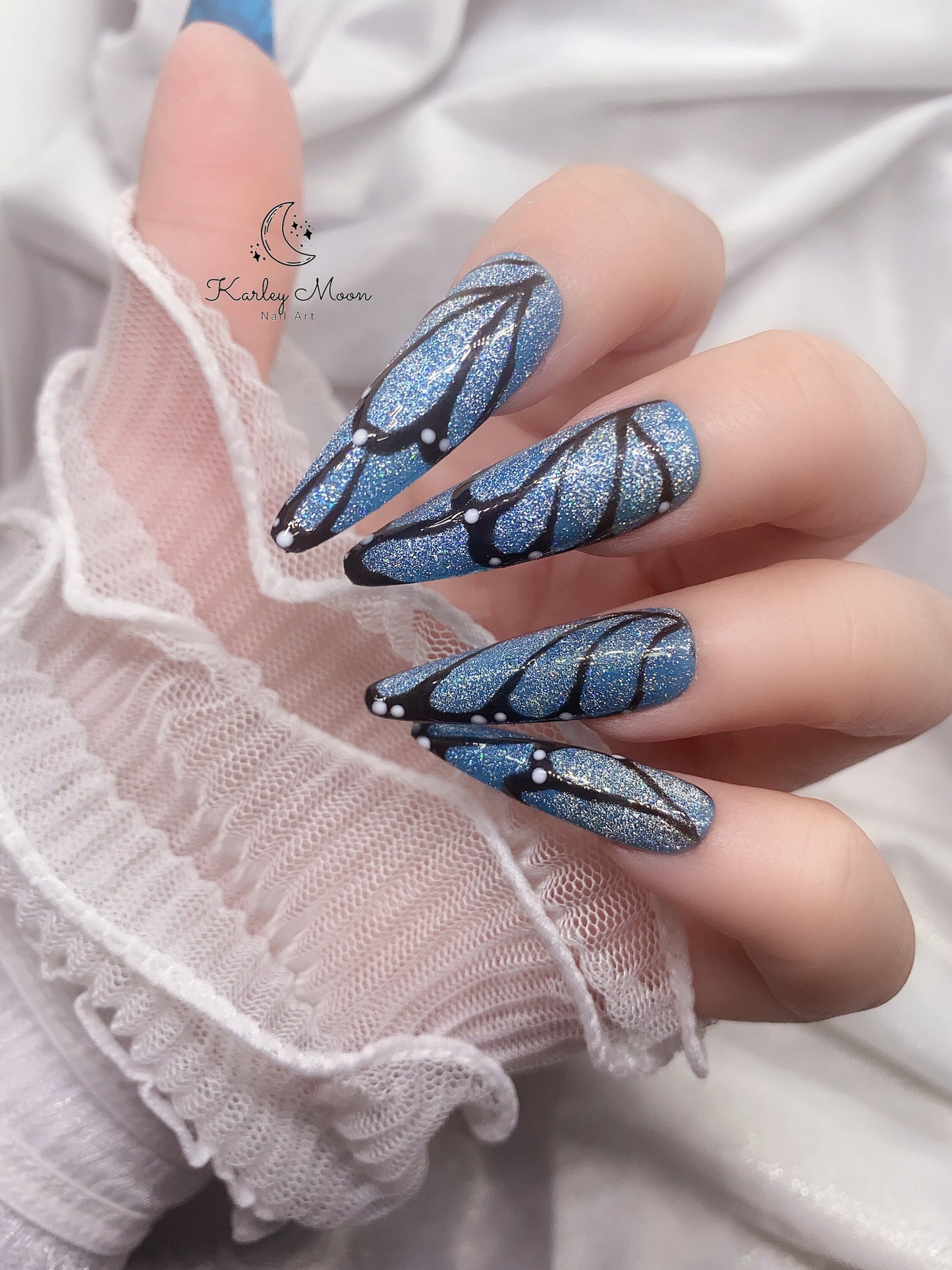 Elegant Fancy Blue Glitter Butterfly Wing Press On Nails - KarleyMoonNail