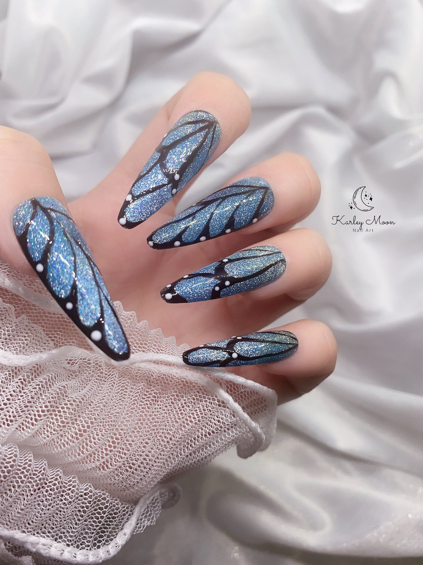 Elegant Fancy Blue Glitter Butterfly Wing Press On Nails - KarleyMoonNail