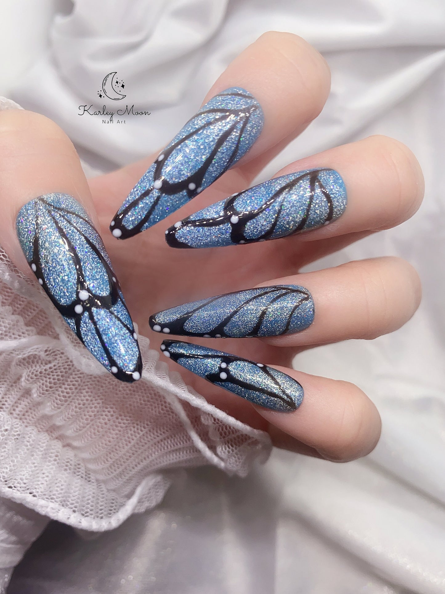 Elegant Fancy Blue Glitter Butterfly Wing Press On Nails - KarleyMoonNail