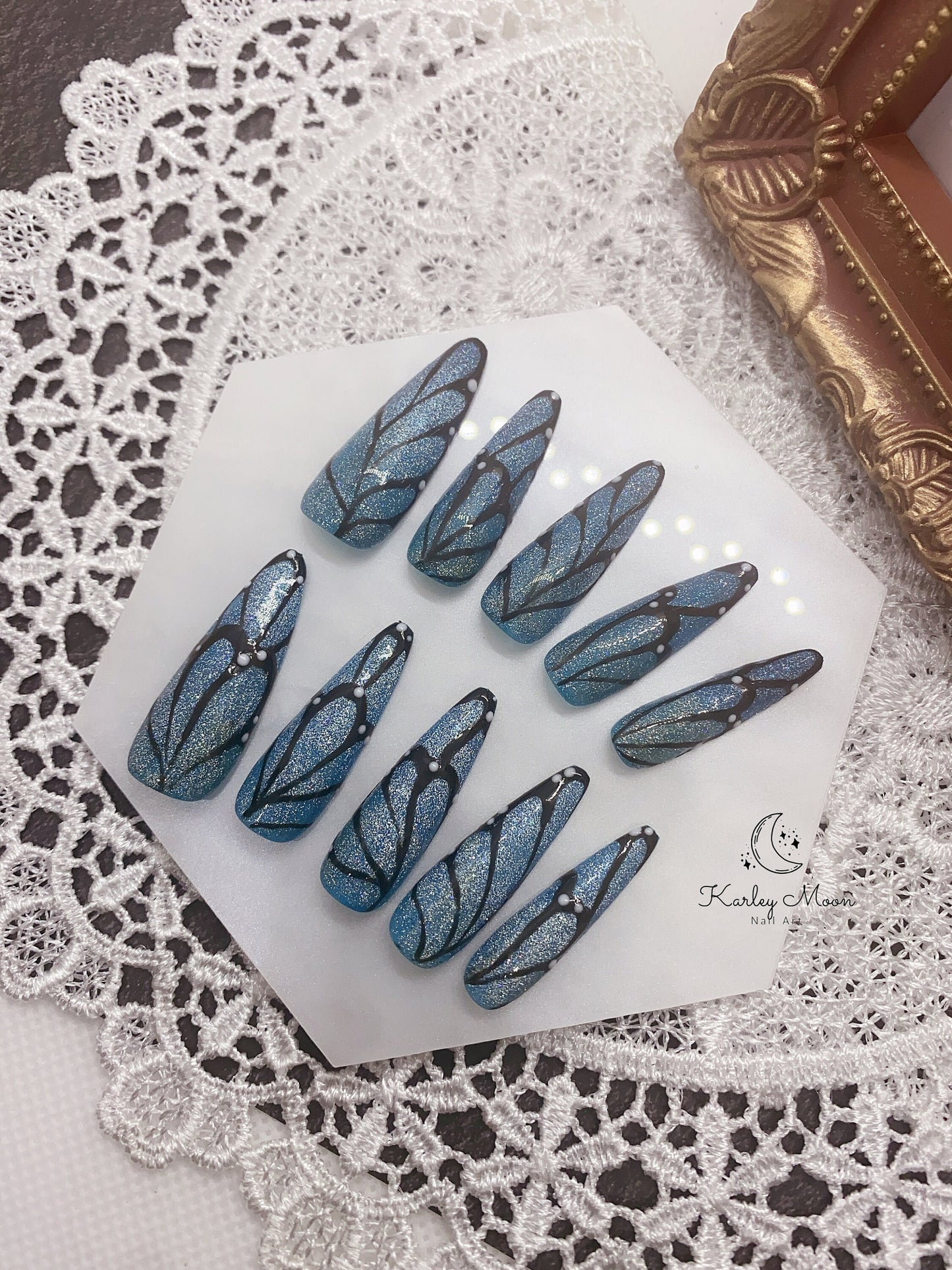 Elegant Fancy Blue Glitter Butterfly Wing Press On Nails - KarleyMoonNail