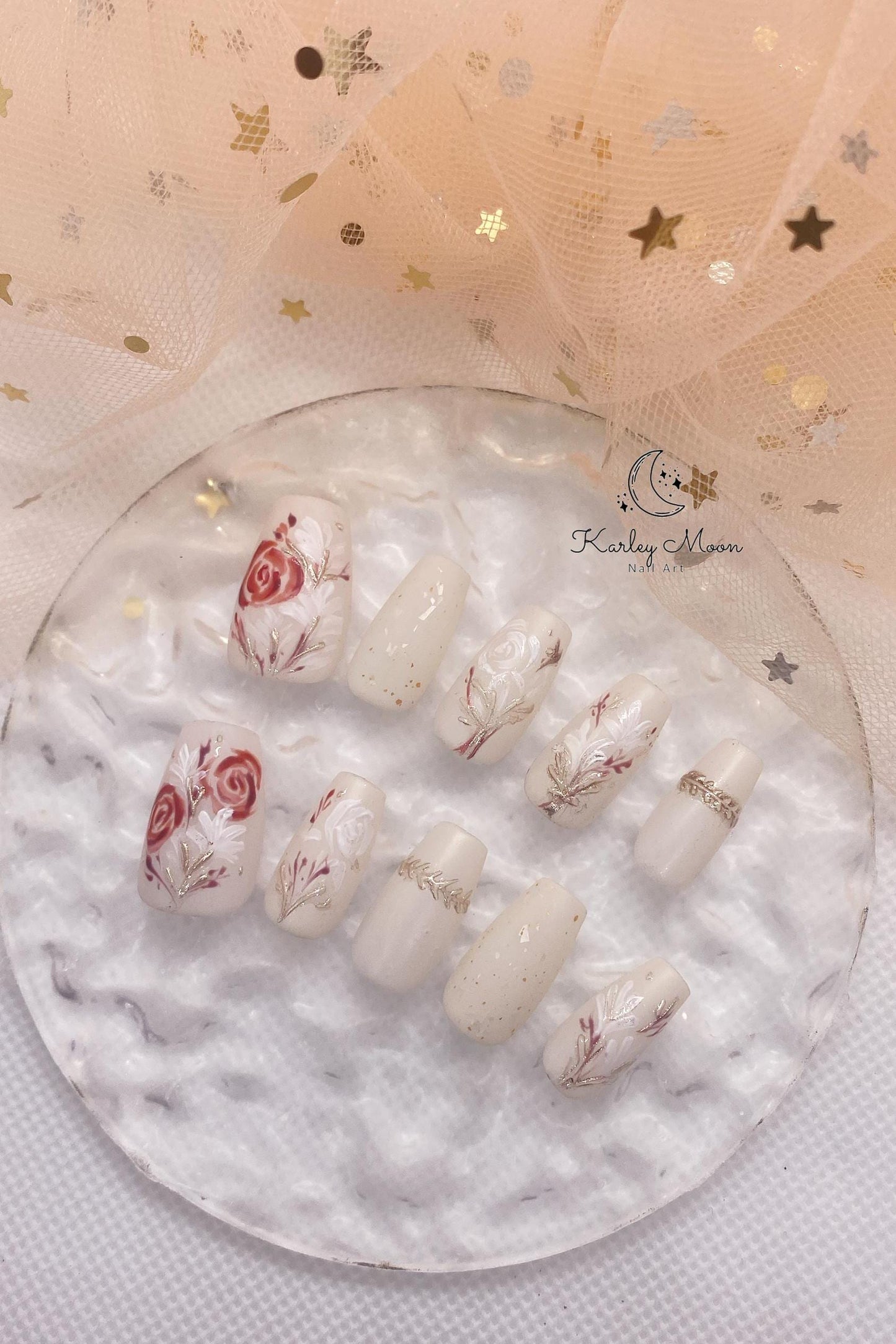 Elegant Fancy Hand Painted Rose Flower Press On Nails - KarleyMoonNail
