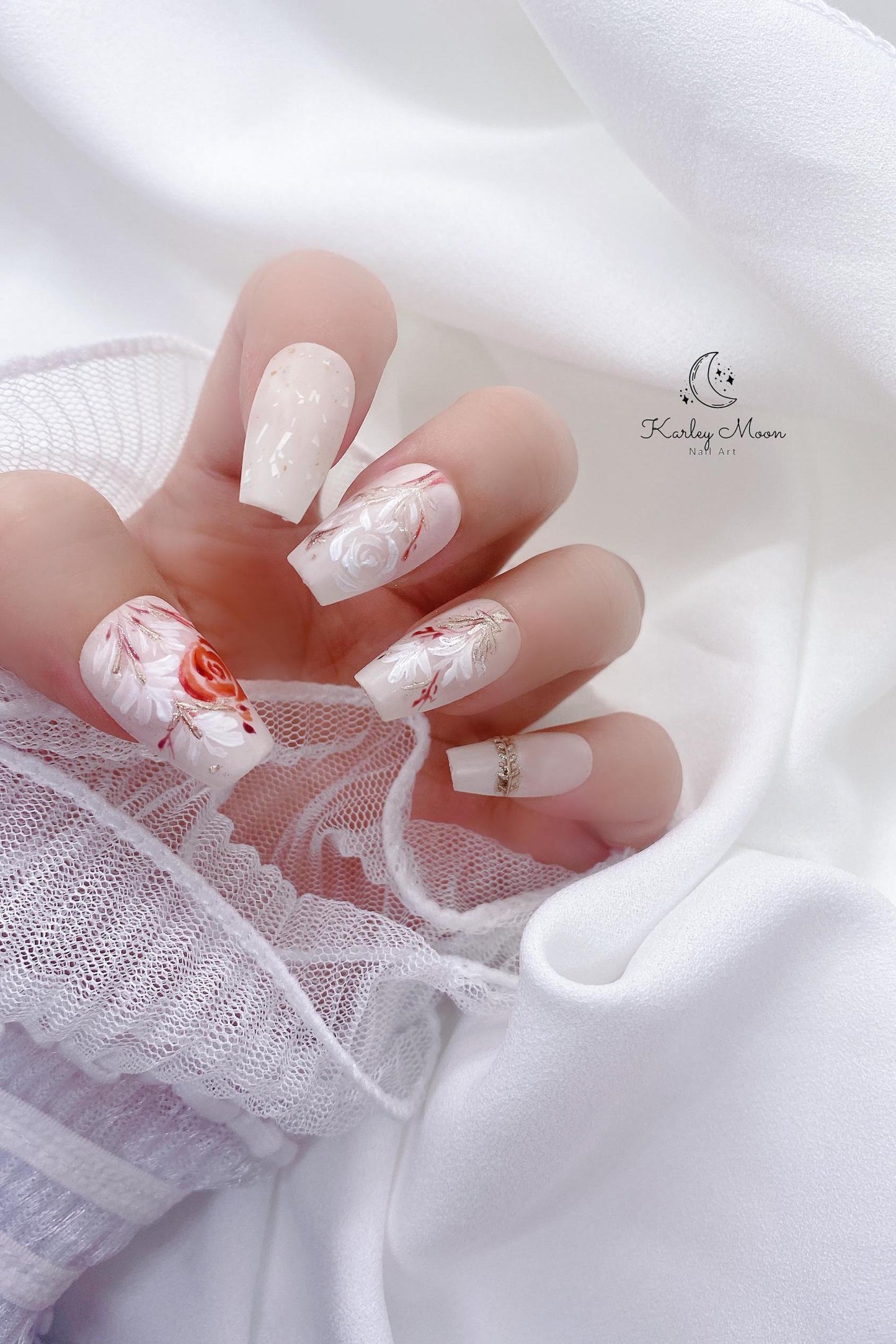 Elegant Fancy Hand Painted Rose Flower Press On Nails - KarleyMoonNail
