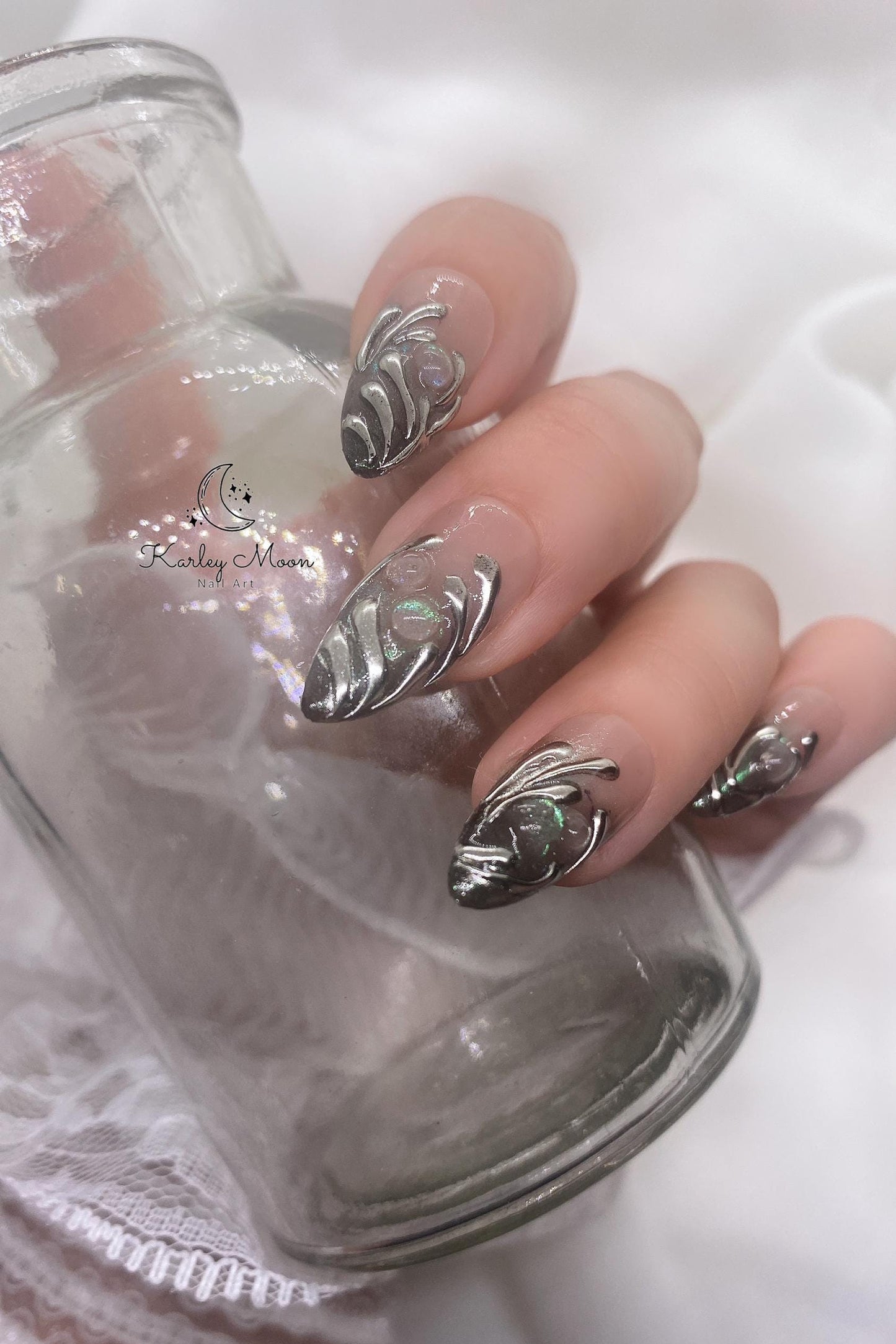 Y2K 3D Shimmering Silver Green Glitter Party Press On Nails - KarleyMoonNail