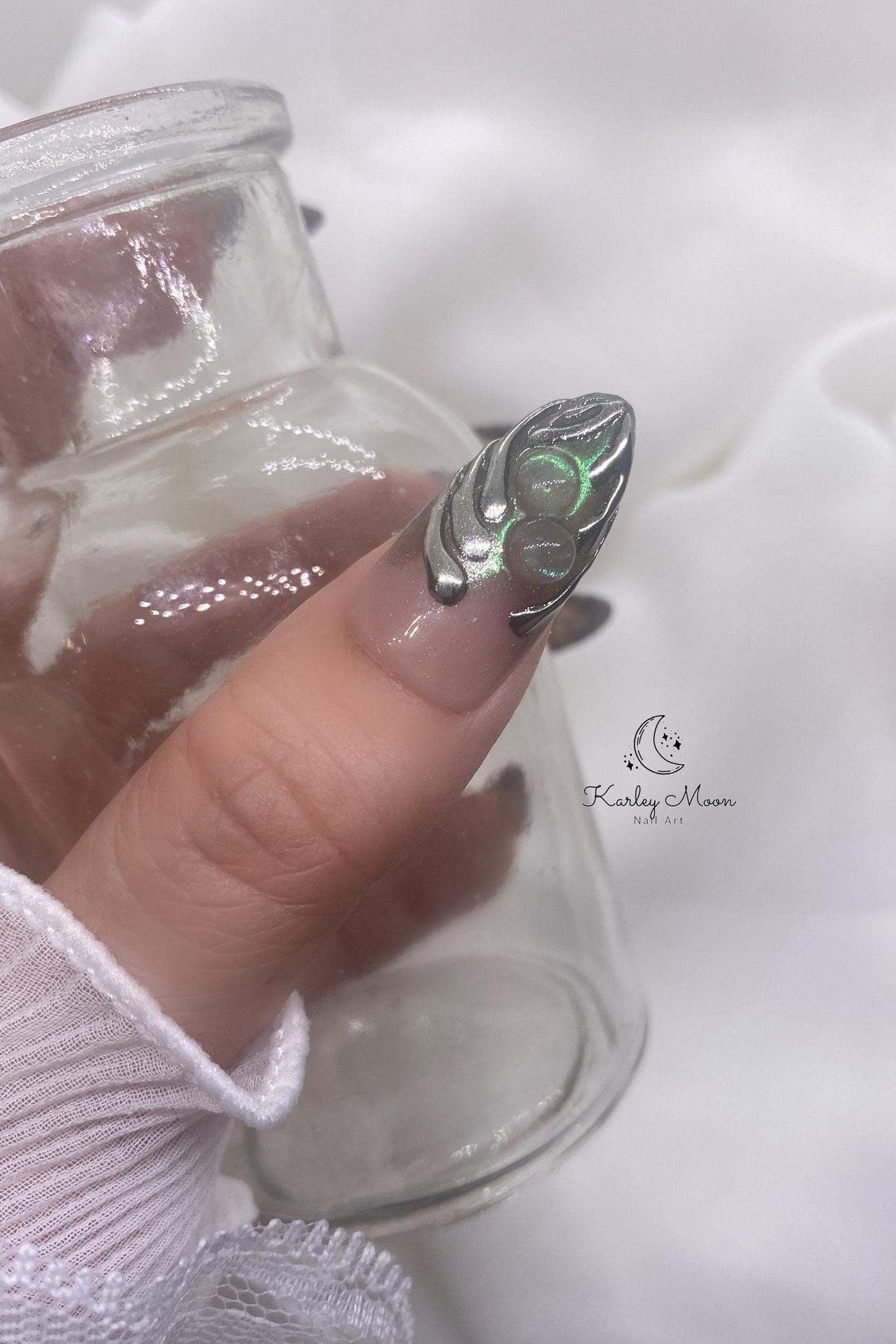 Y2K 3D Shimmering Silver Green Glitter Party Press On Nails - KarleyMoonNail
