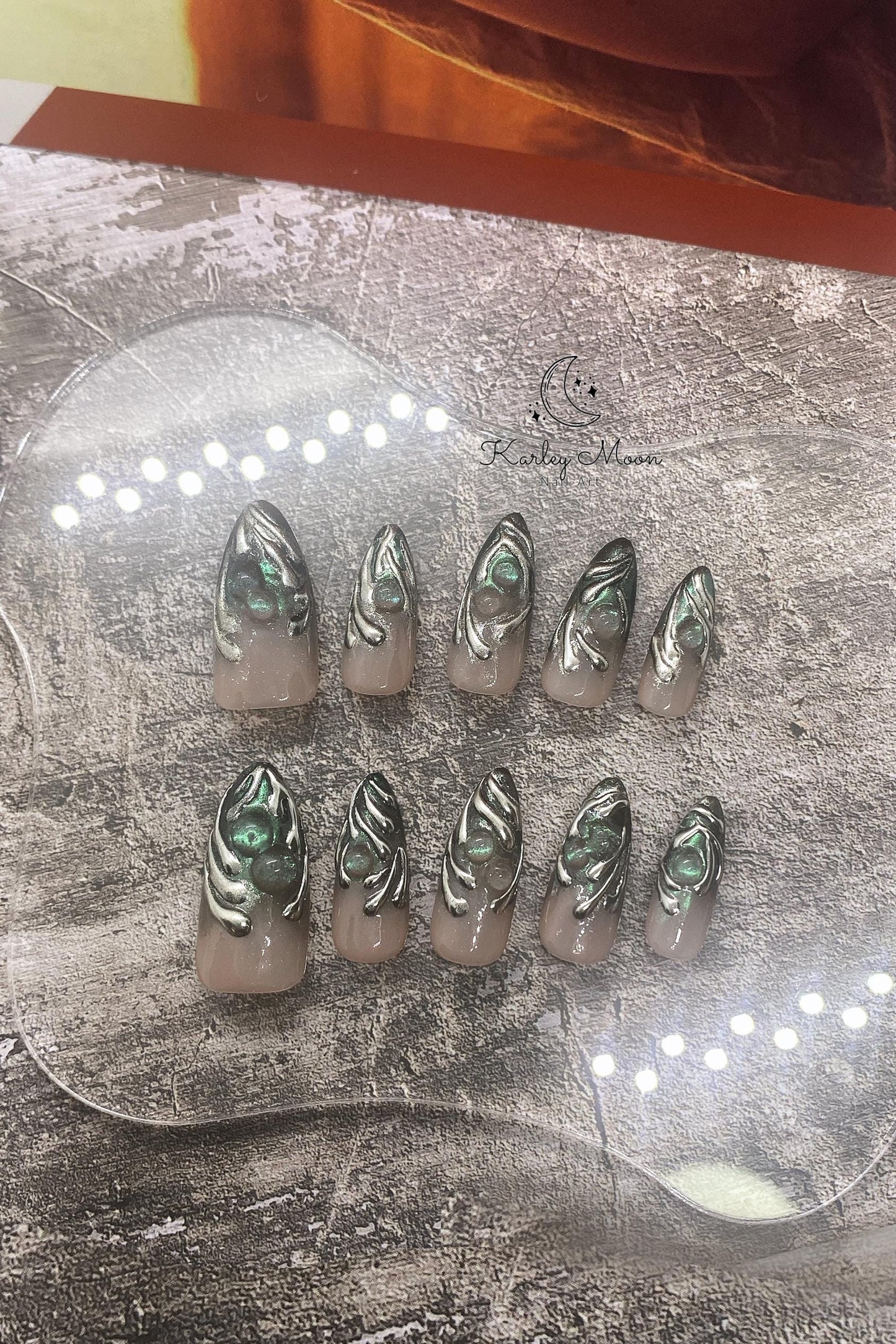 Y2K 3D Shimmering Silver Green Glitter Party Press On Nails - KarleyMoonNail