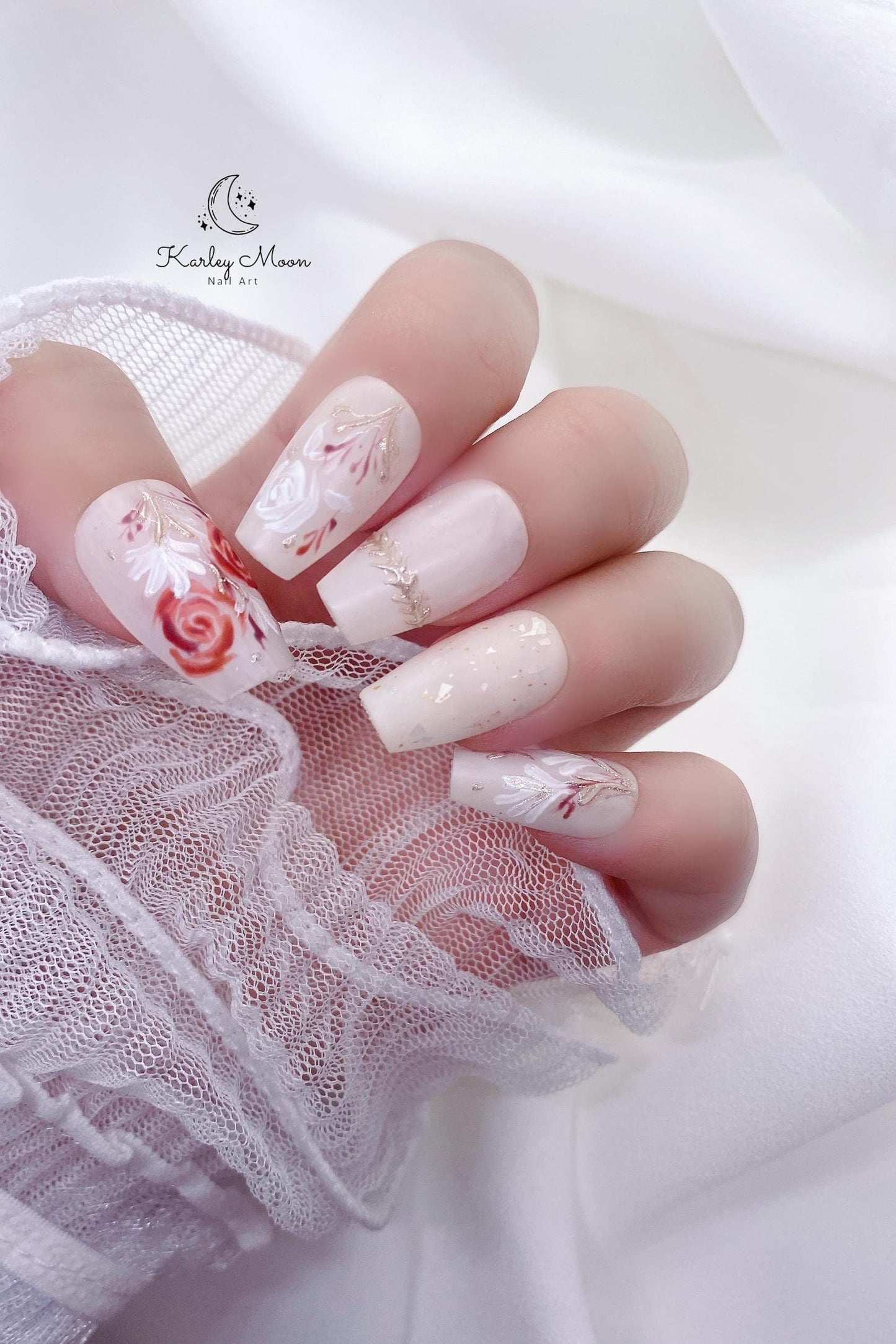 Elegant Fancy Hand Painted Rose Flower Press On Nails - KarleyMoonNail