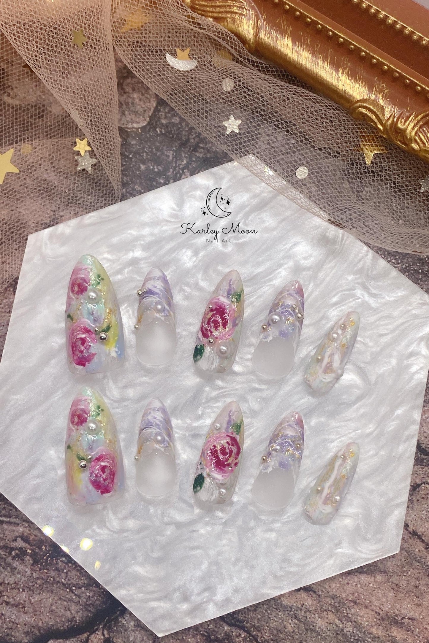 Summer Hand Oil Painted Unique Garden Flower Press On Nails - KarleyMoonNail