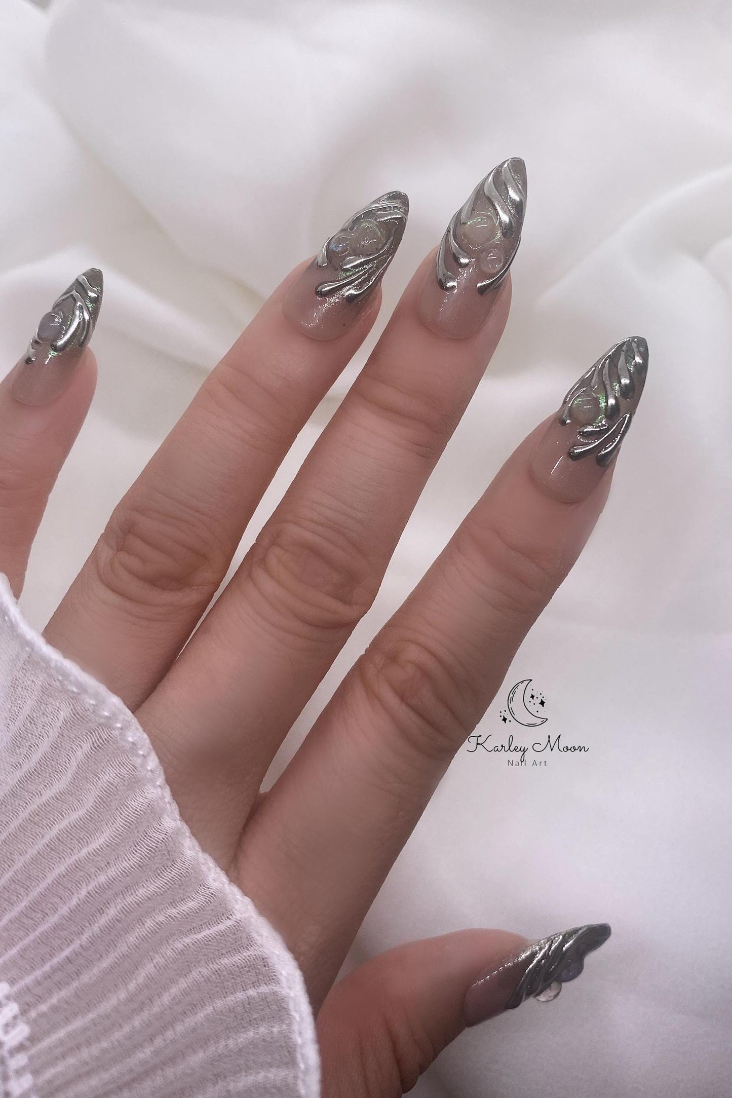 Y2K 3D Shimmering Silver Green Glitter Party Press On Nails - KarleyMoonNail