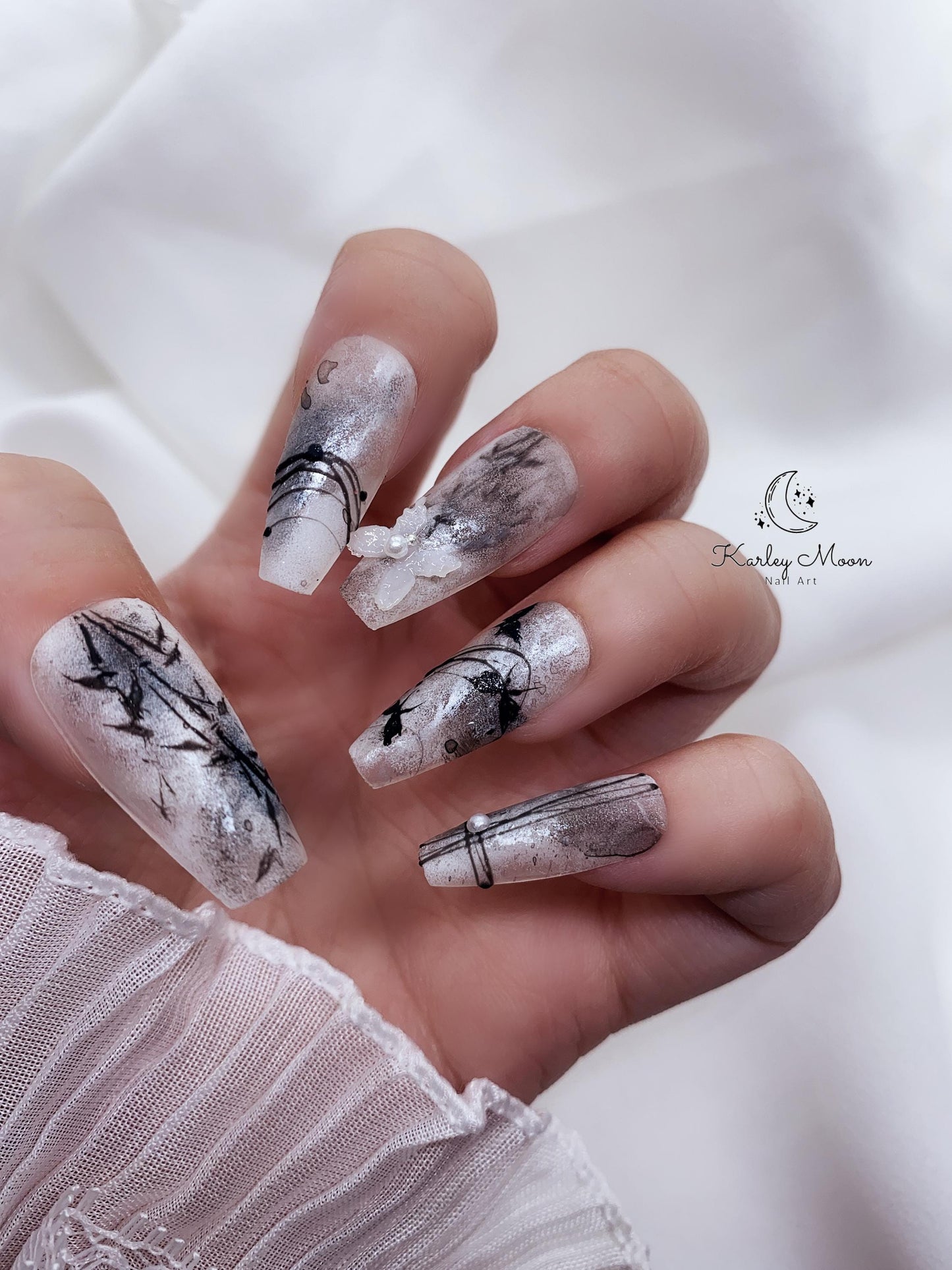 Elegant Hand Painted Bamboo Butterfly Press On Nails - KarleyMoonNail