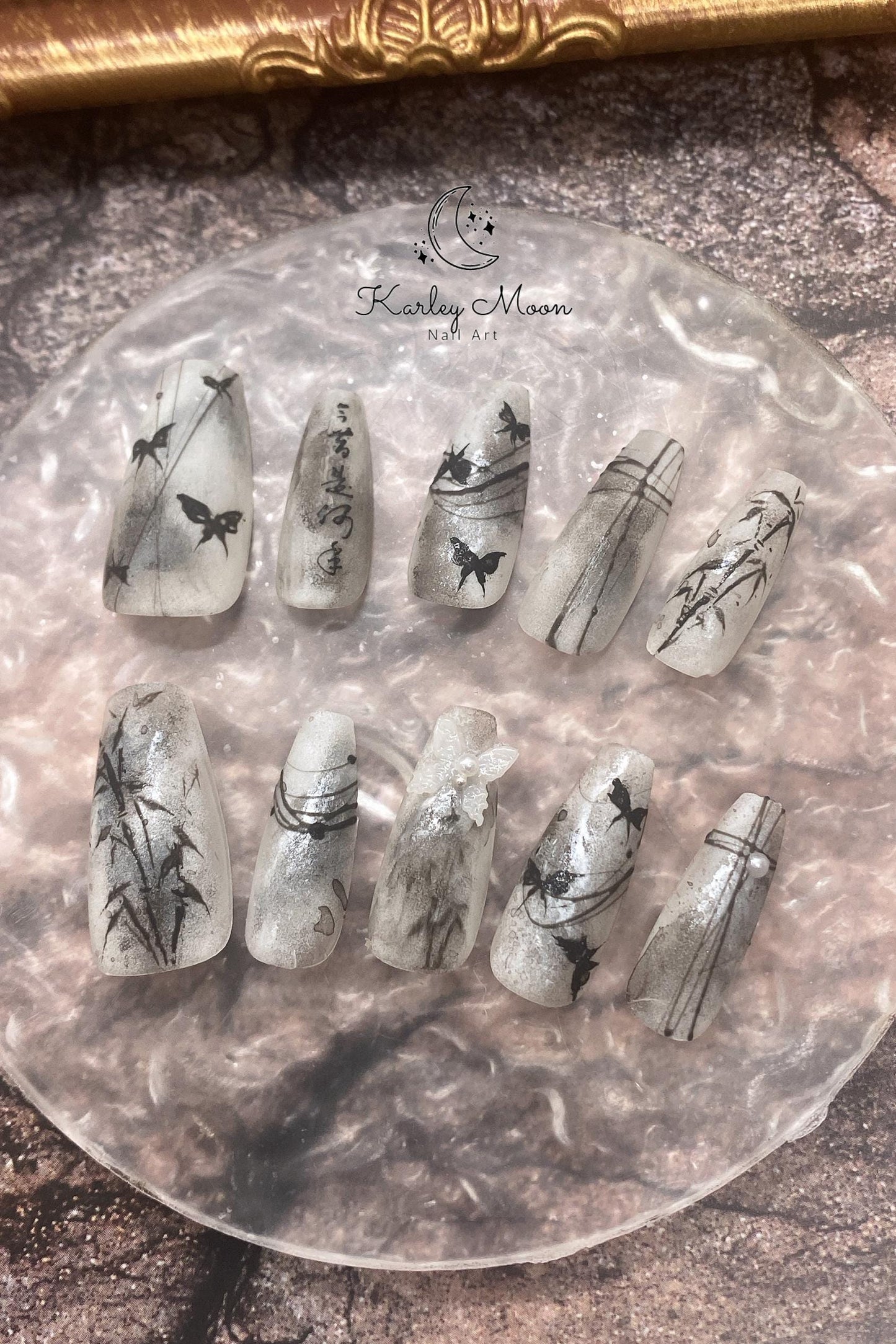 Elegant Hand Painted Bamboo Butterfly Press On Nails - KarleyMoonNail