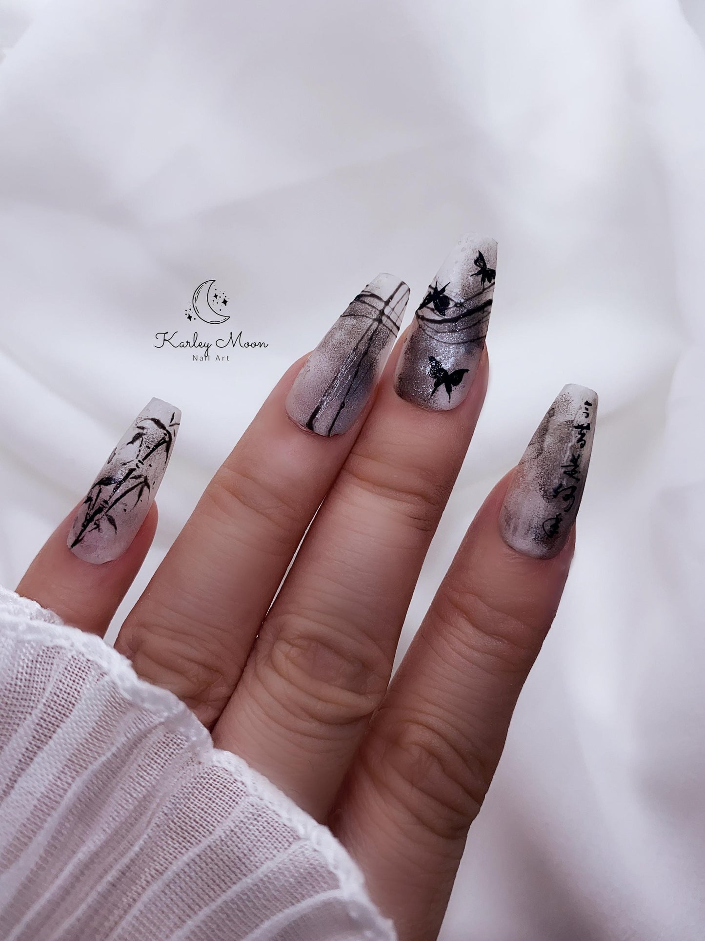 Elegant Hand Painted Bamboo Butterfly Press On Nails - KarleyMoonNail