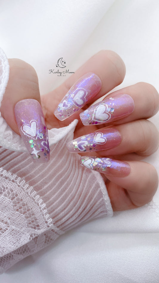 Cute Purple Blue Glitter Heart Press On Nails - KarleyMoonNail