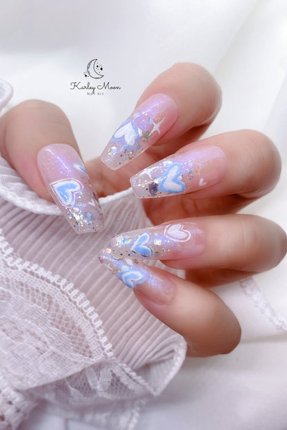 Cute Purple Blue Glitter Heart Press On Nails - KarleyMoonNail