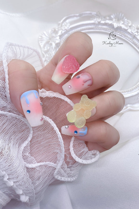 Kawaii Colorful Gummy Sugar Bear Pink Press On Nails - KarleyMoonNail