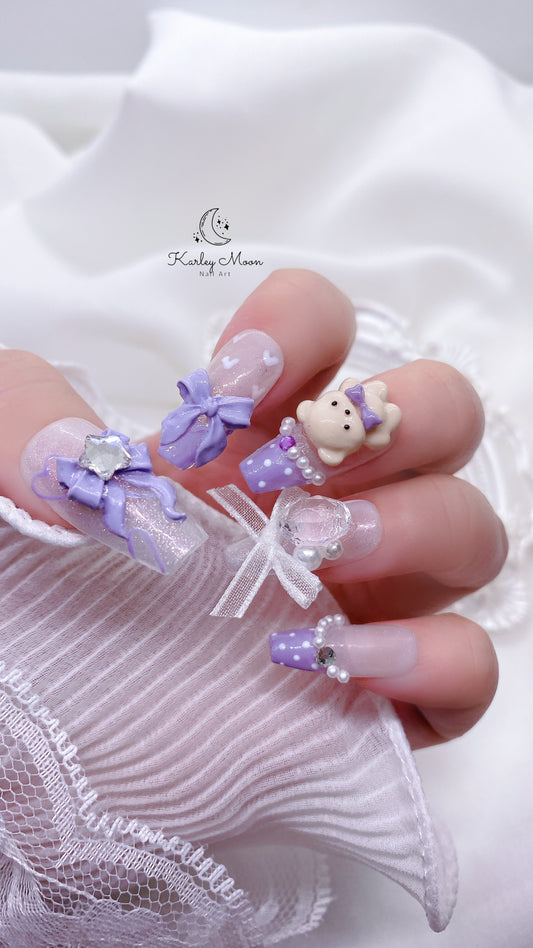 Kawaii Sparkle White Glitter Teddy Bear Press On Nails - KarleyMoonNail