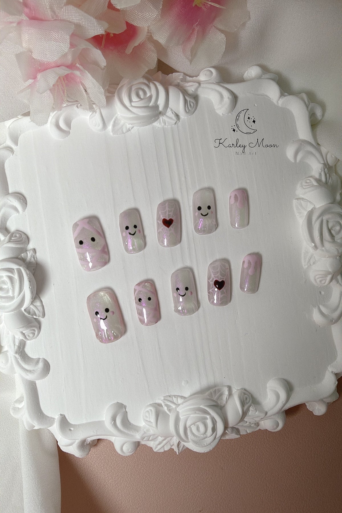 Cute Pink Halloween Little Ghost Press On Nails - KarleyMoonNail