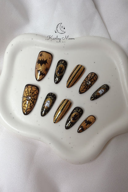 Halloween Midnight Bat & Gold Press On Nails - KarleyMoonNail