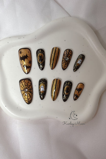 Halloween Midnight Bat & Gold Press On Nails - KarleyMoonNail