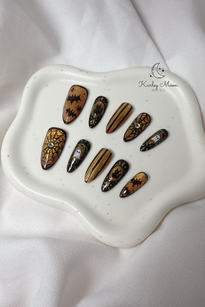 Halloween Midnight Bat & Gold Press On Nails - KarleyMoonNail