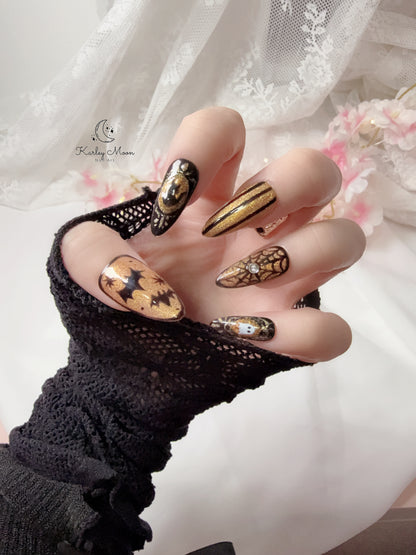 Halloween Midnight Bat & Gold Press On Nails - KarleyMoonNail