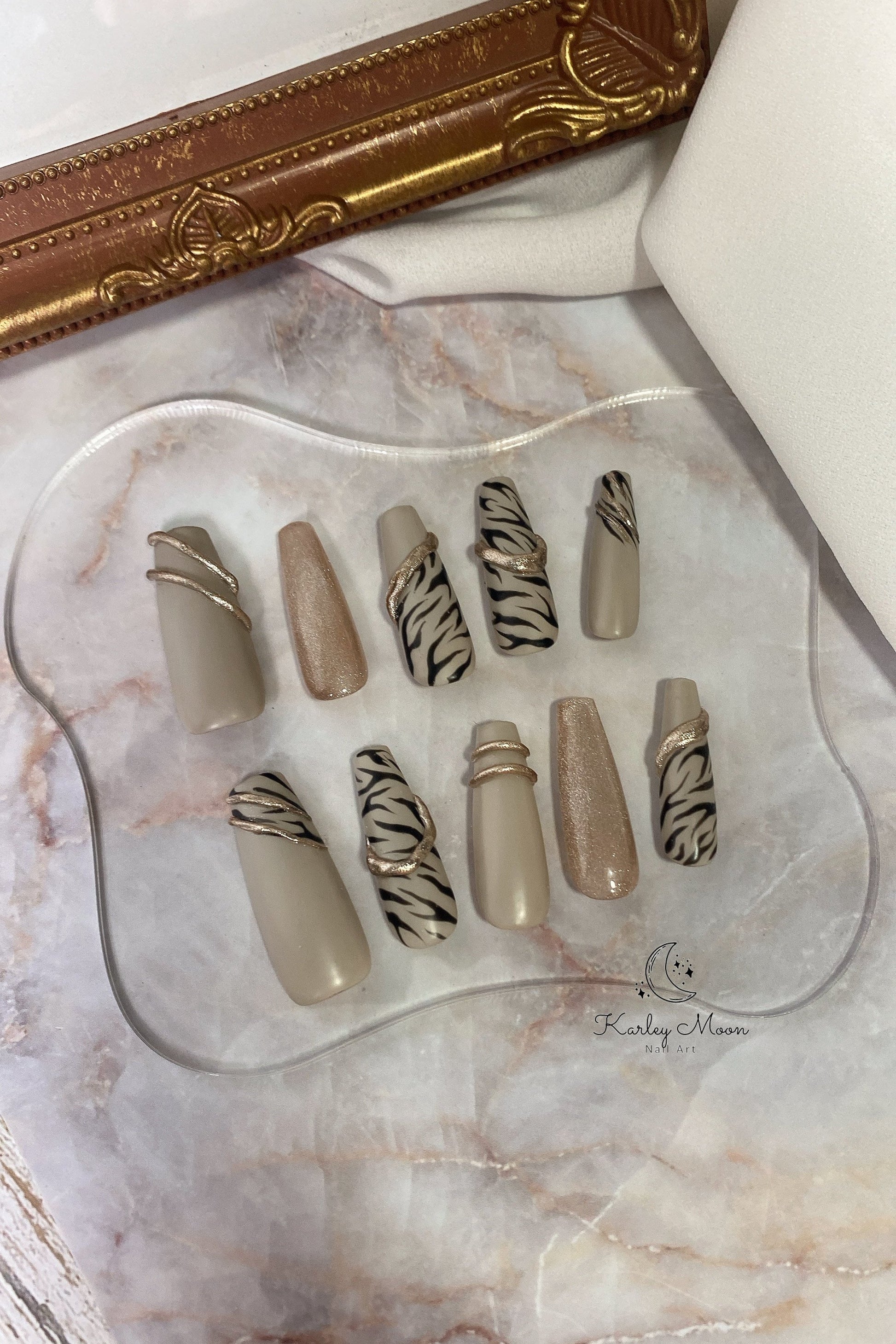 Zebra Print Elegant Glitter Gold Winter Press On Nails - KarleyMoonNail
