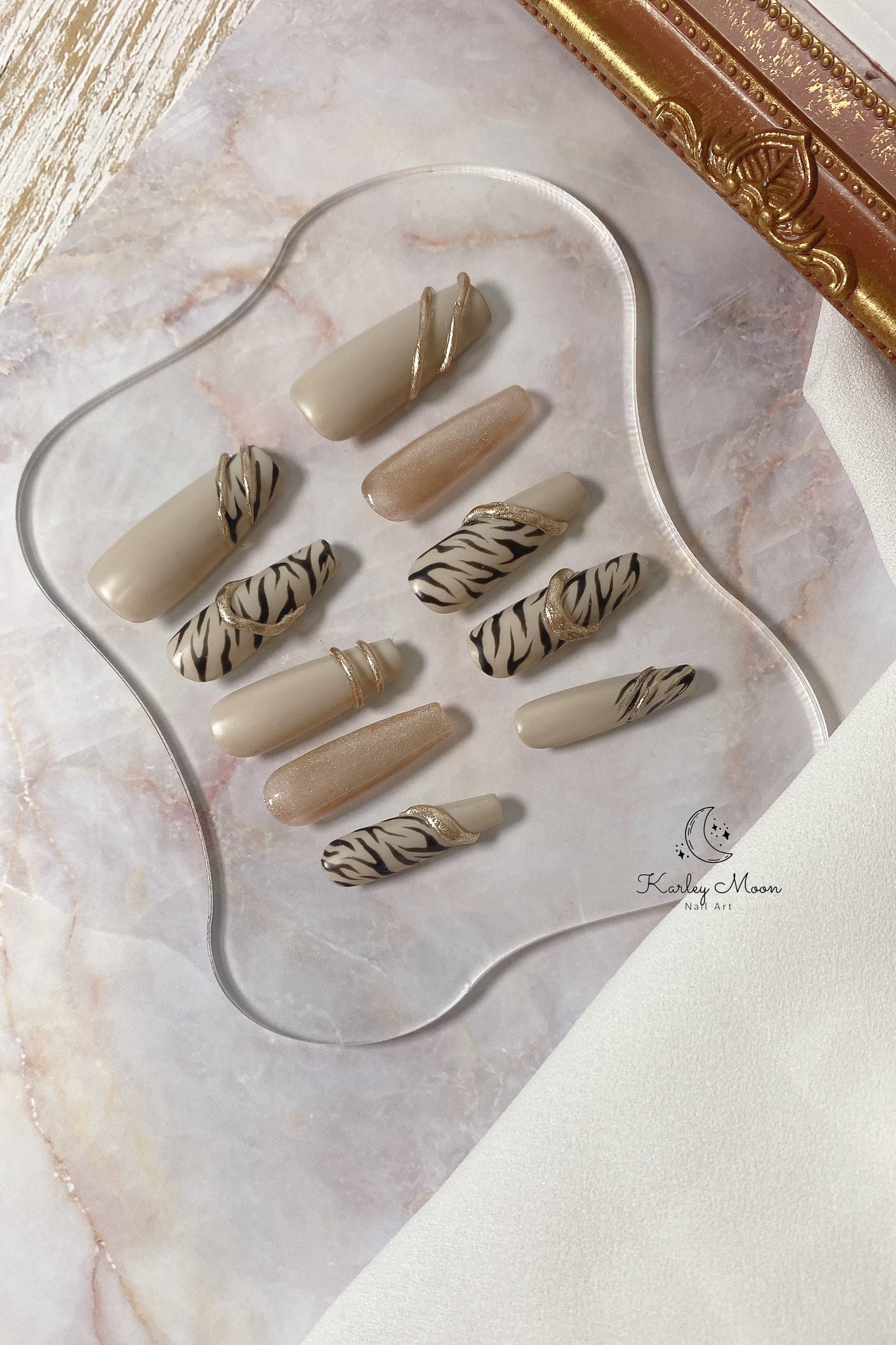 Zebra Print Elegant Glitter Gold Winter Press On Nails - KarleyMoonNail