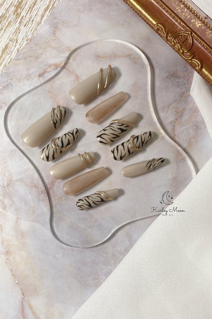 Zebra Print Elegant Glitter Gold Winter Press On Nails - KarleyMoonNail