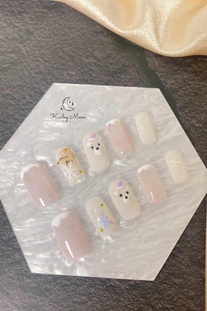Holiday Jelly White Snowflake Bear Winter Press On Nails - KarleyMoonNail