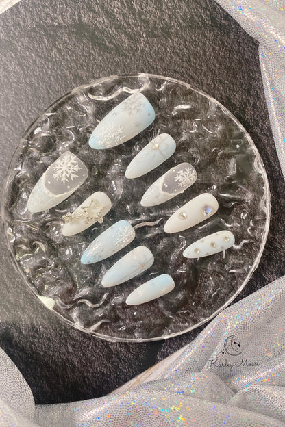 Holiday Christmas Light Blue Snow Glitter Winter Press On Nails - KarleyMoonNail