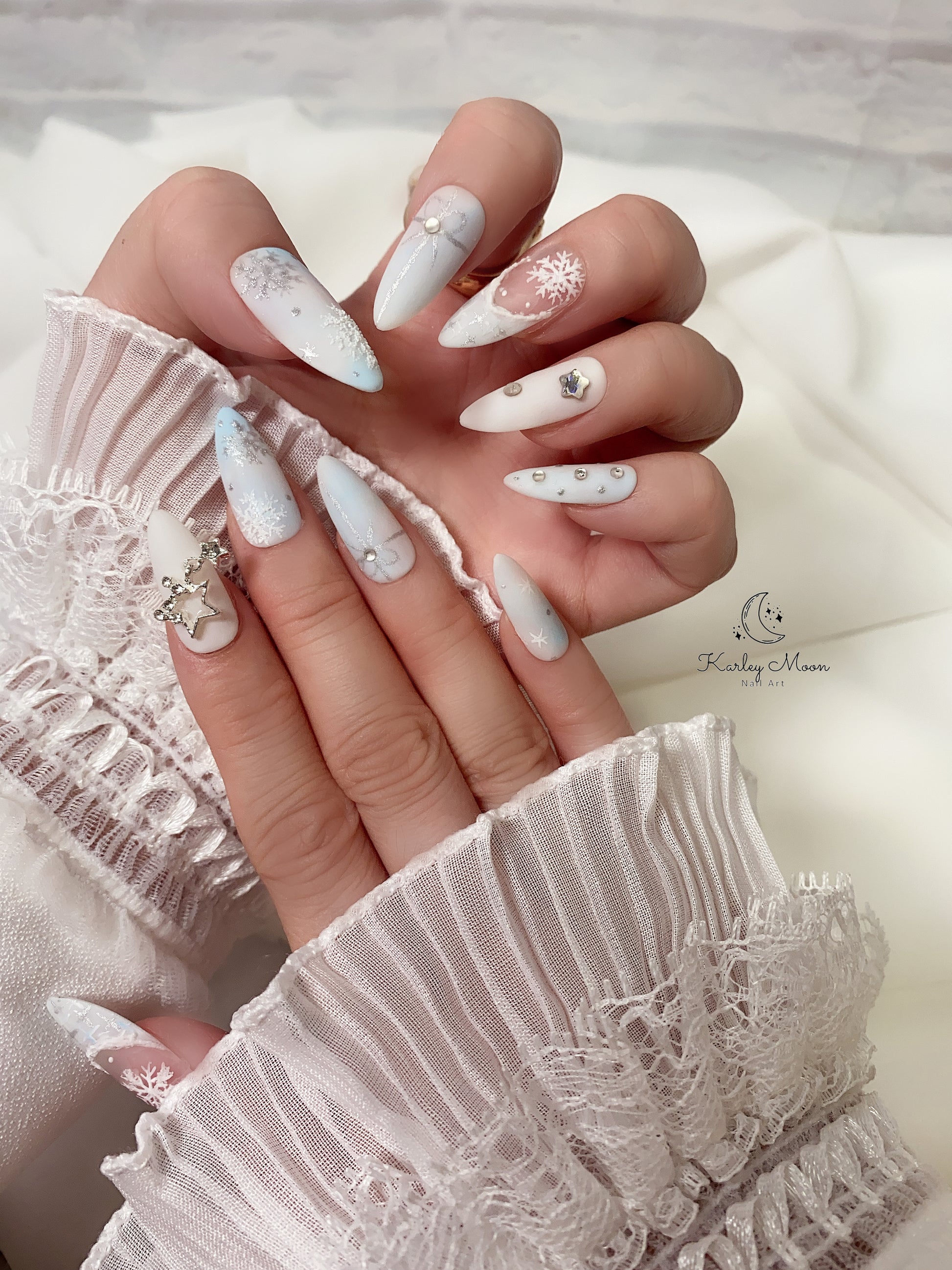 Holiday Christmas Light Blue Snow Glitter Winter Press On Nails - KarleyMoonNail