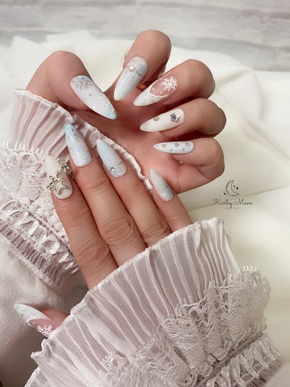 Holiday Christmas Light Blue Snow Glitter Winter Press On Nails - KarleyMoonNail