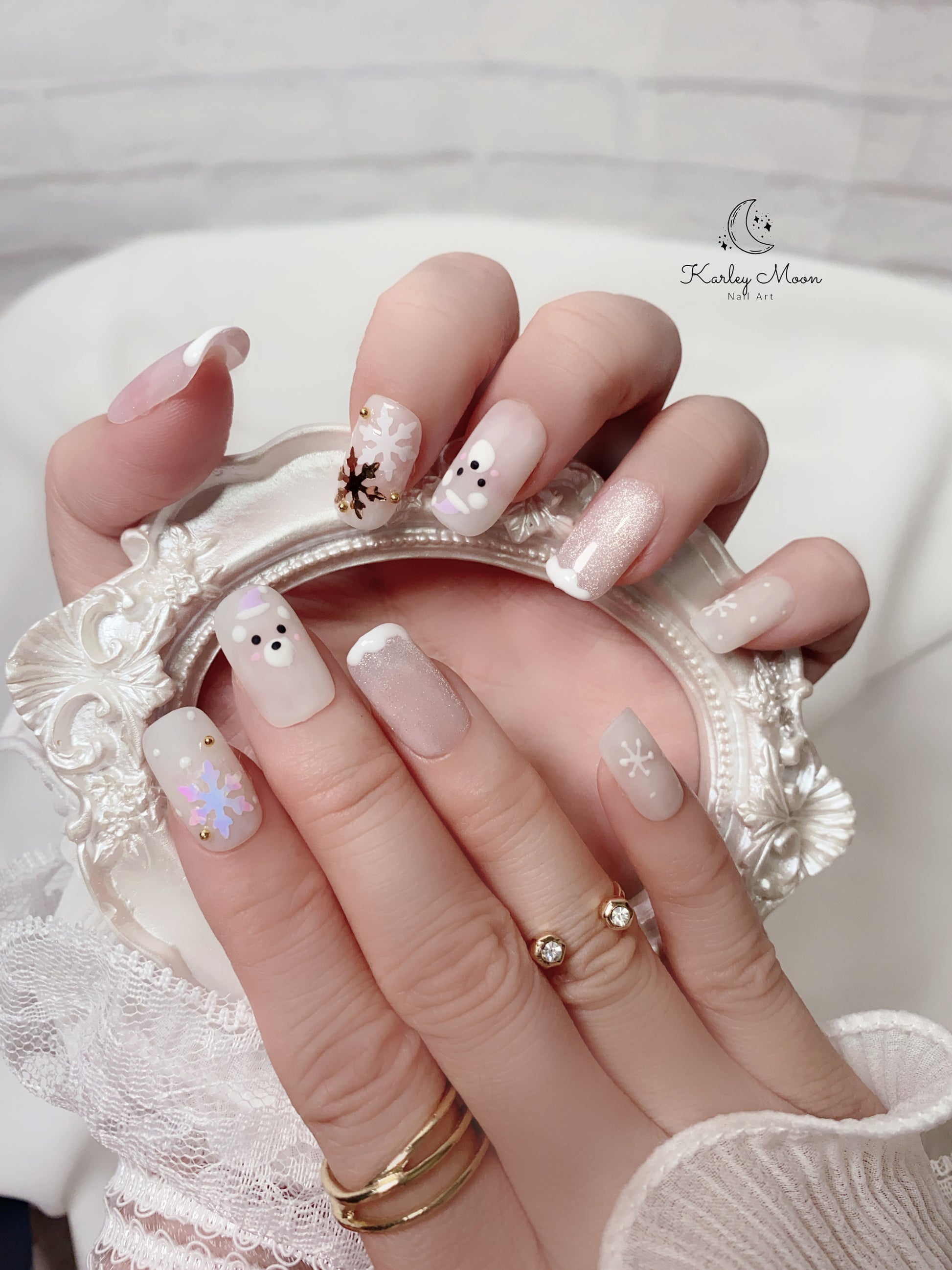 Holiday Jelly White Snowflake Bear Winter Press On Nails - KarleyMoonNail